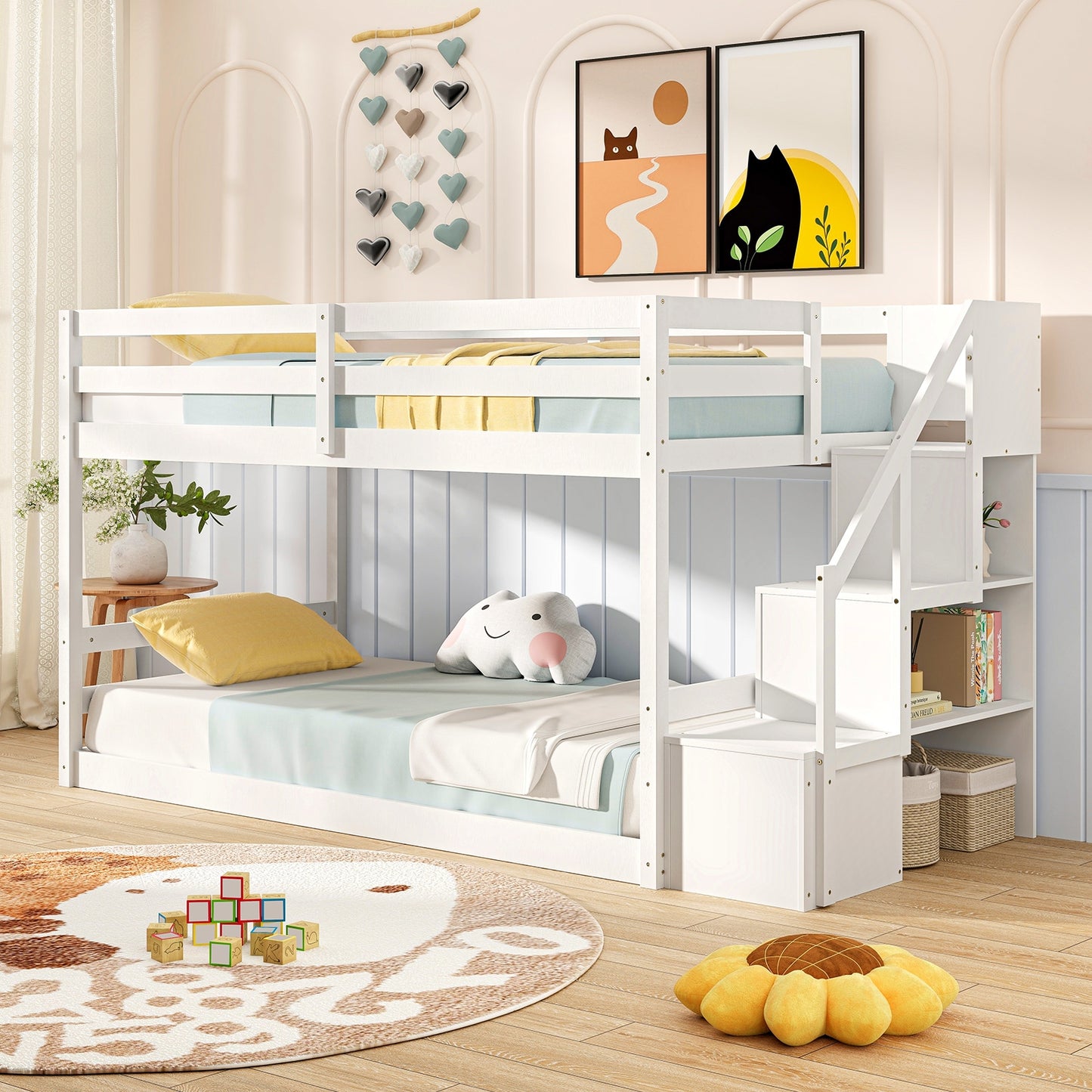 Solid Wood Twin Over Twin Low Bunk Bed with Storage Stairs and Guardrails