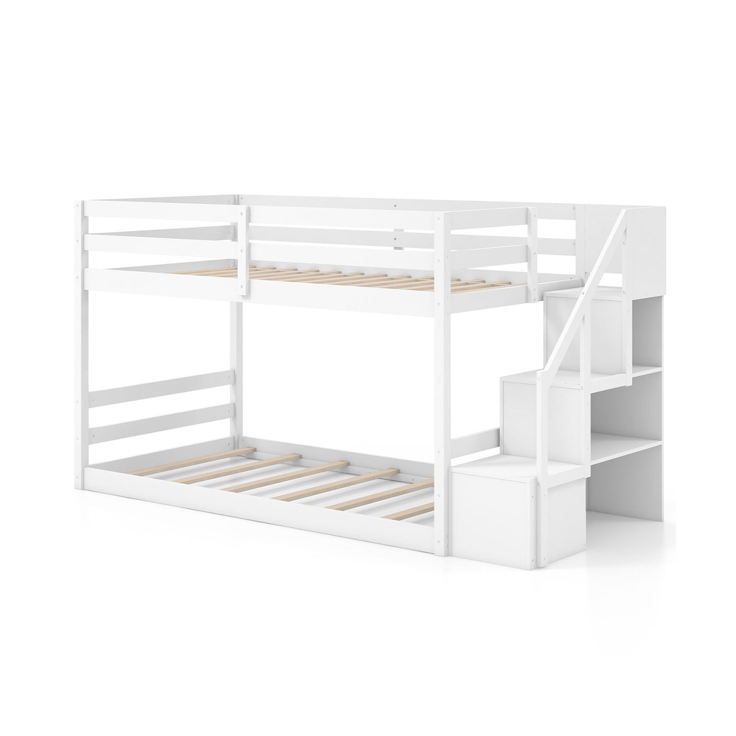 Solid Wood Twin Over Twin Low Bunk Bed with Storage Stairs and Guardrails