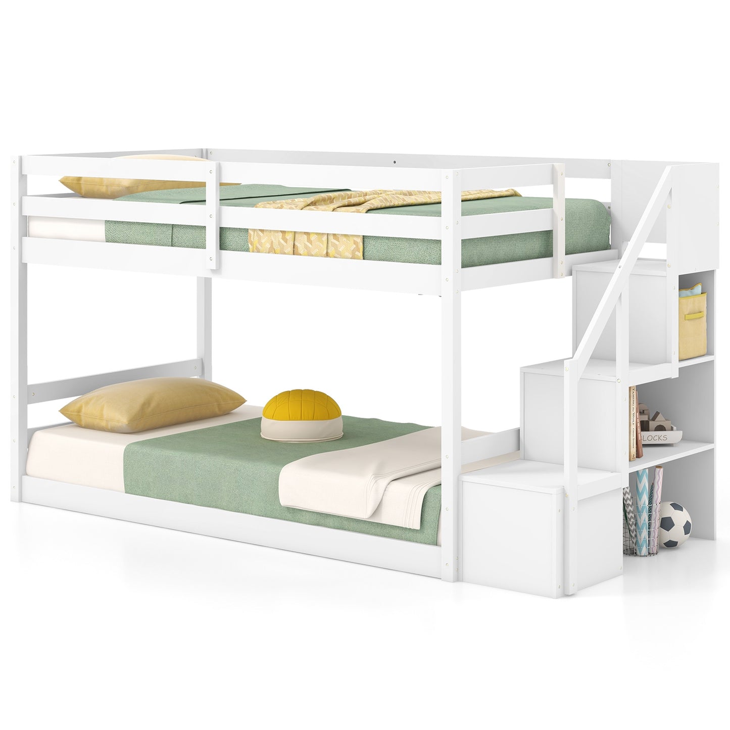 Solid Wood Twin Over Twin Low Bunk Bed with Storage Stairs and Guardrails