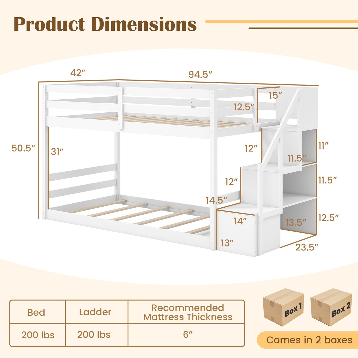 Solid Wood Twin Over Twin Low Bunk Bed with Storage Stairs and Guardrails