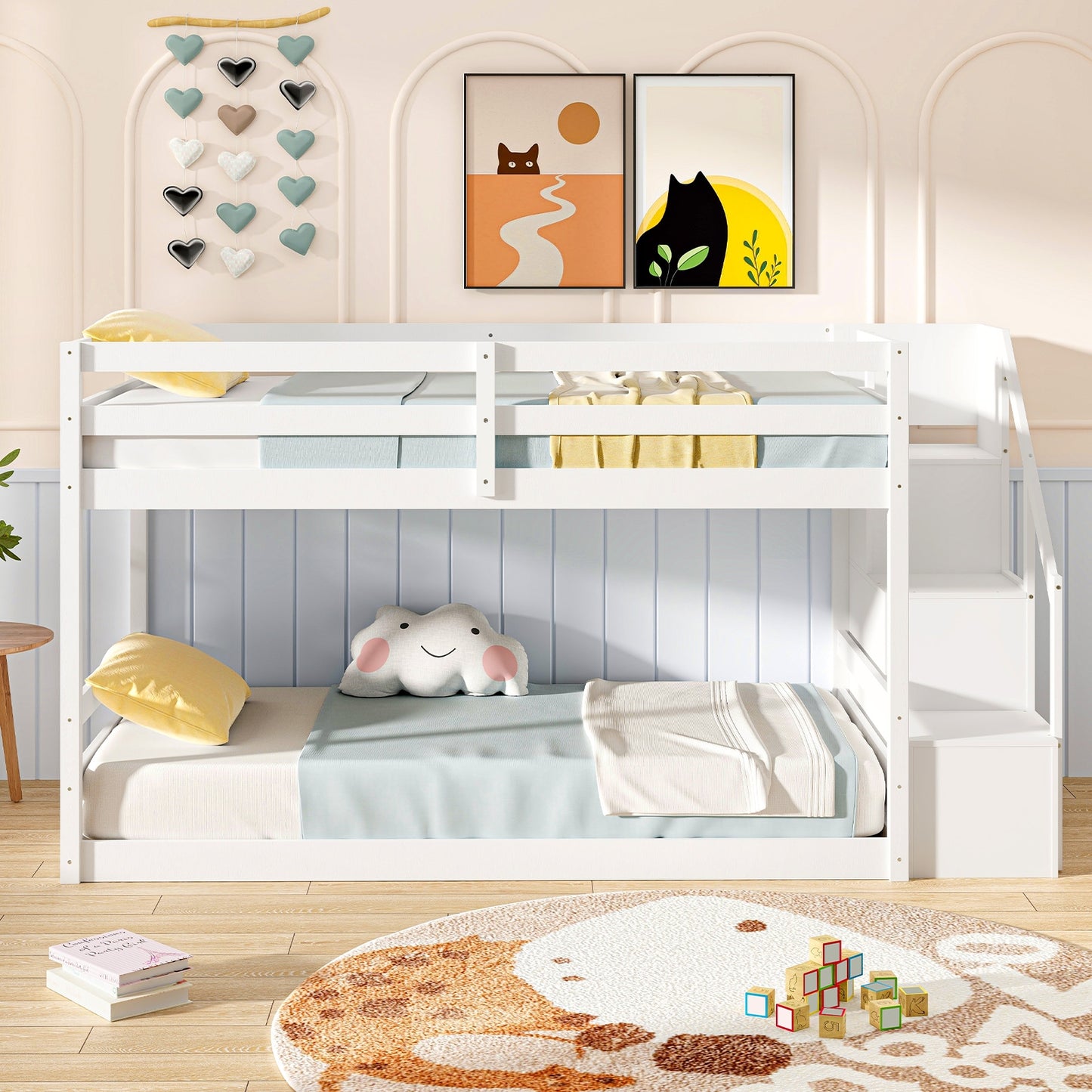 Solid Wood Twin Over Twin Low Bunk Bed with Storage Stairs and Guardrails