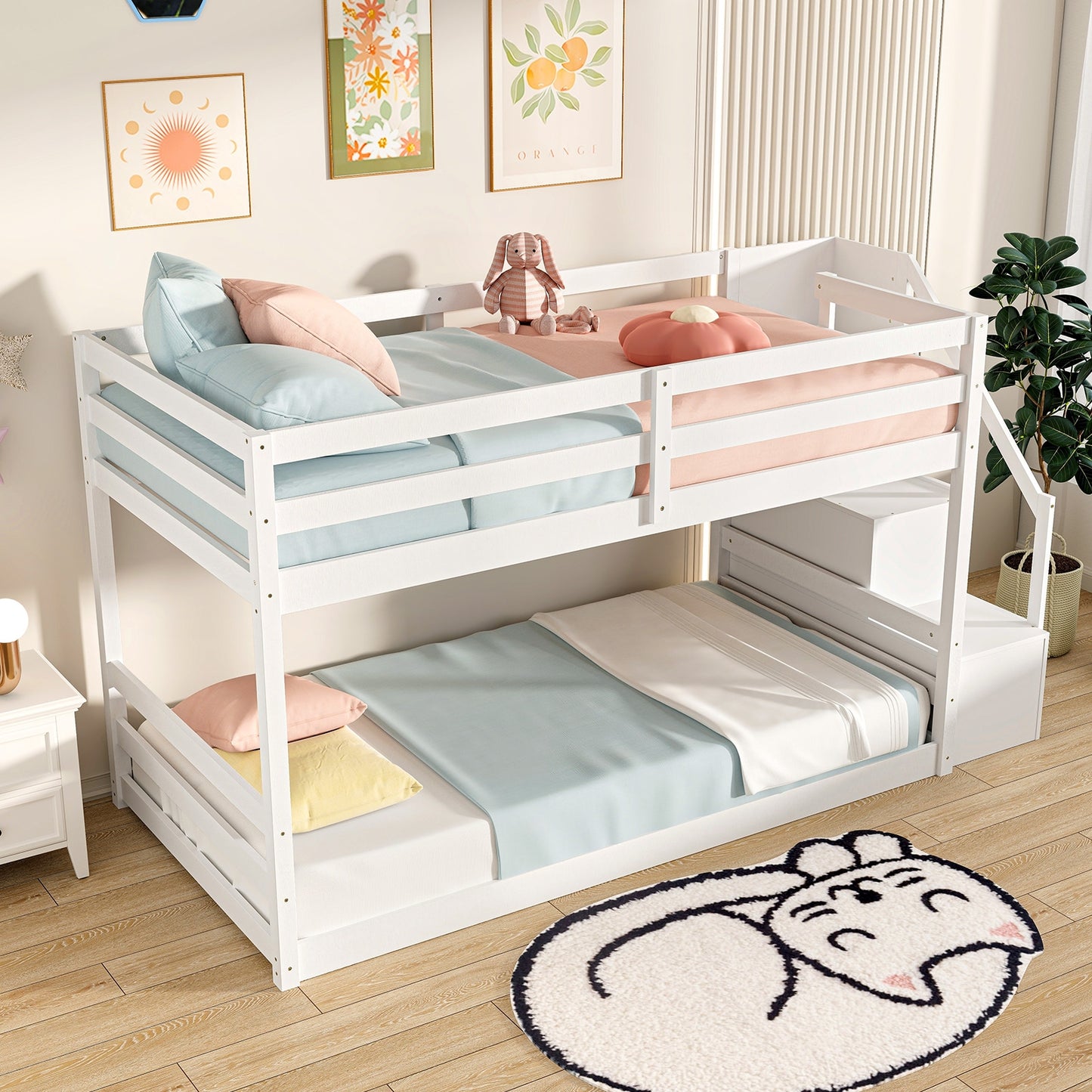 Solid Wood Twin Over Twin Low Bunk Bed with Storage Stairs and Guardrails