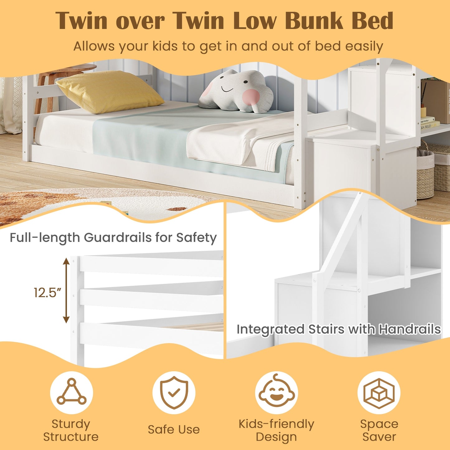 Solid Wood Twin Over Twin Low Bunk Bed with Storage Stairs and Guardrails