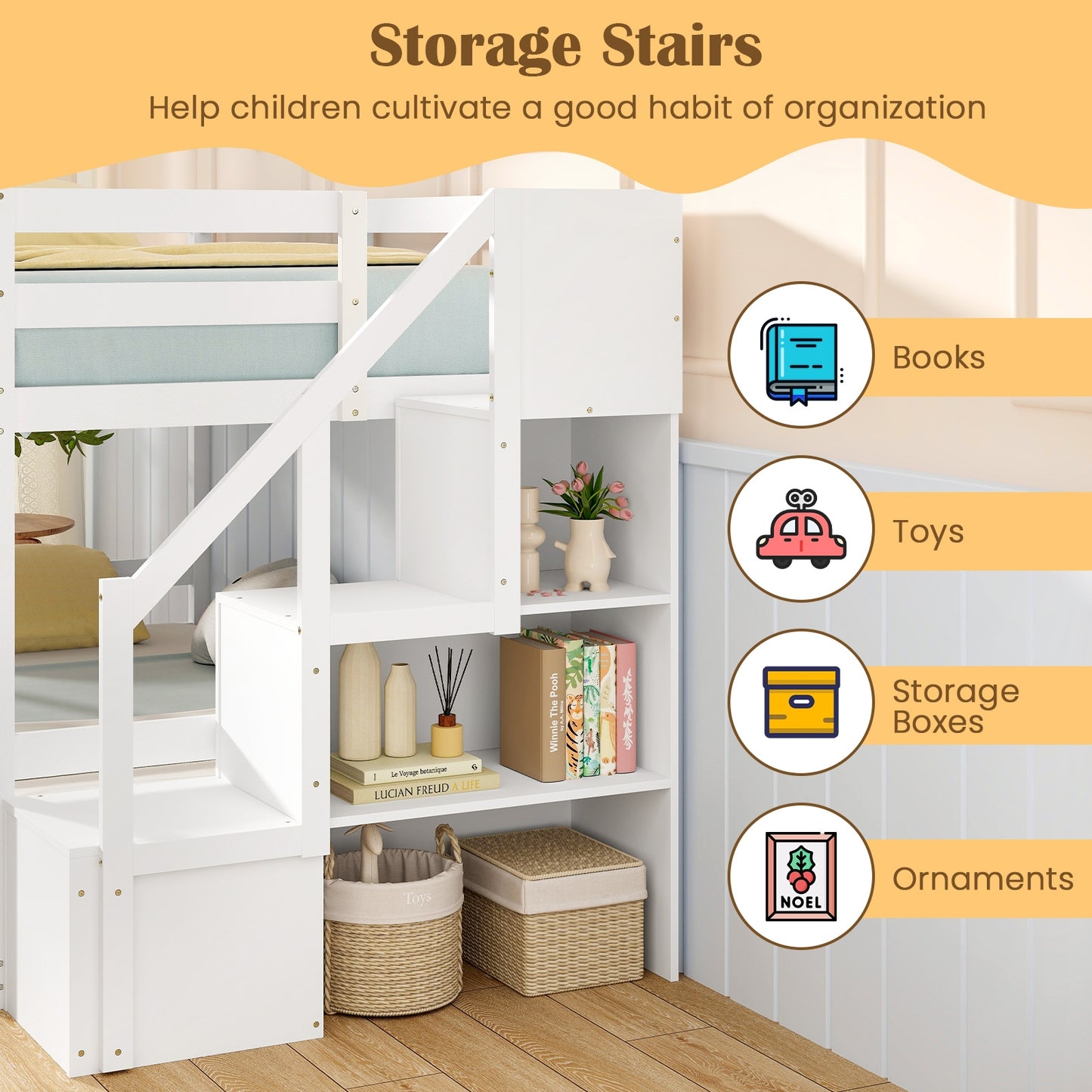 Solid Wood Twin Over Twin Low Bunk Bed with Storage Stairs and Guardrails