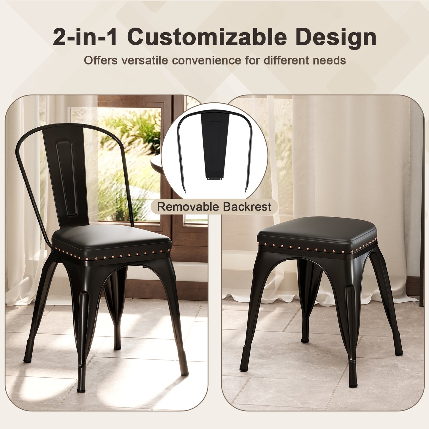 Stackable Metal Dining Chairs with Cushioned PU Leather Seats and Removable Backs Set of 4