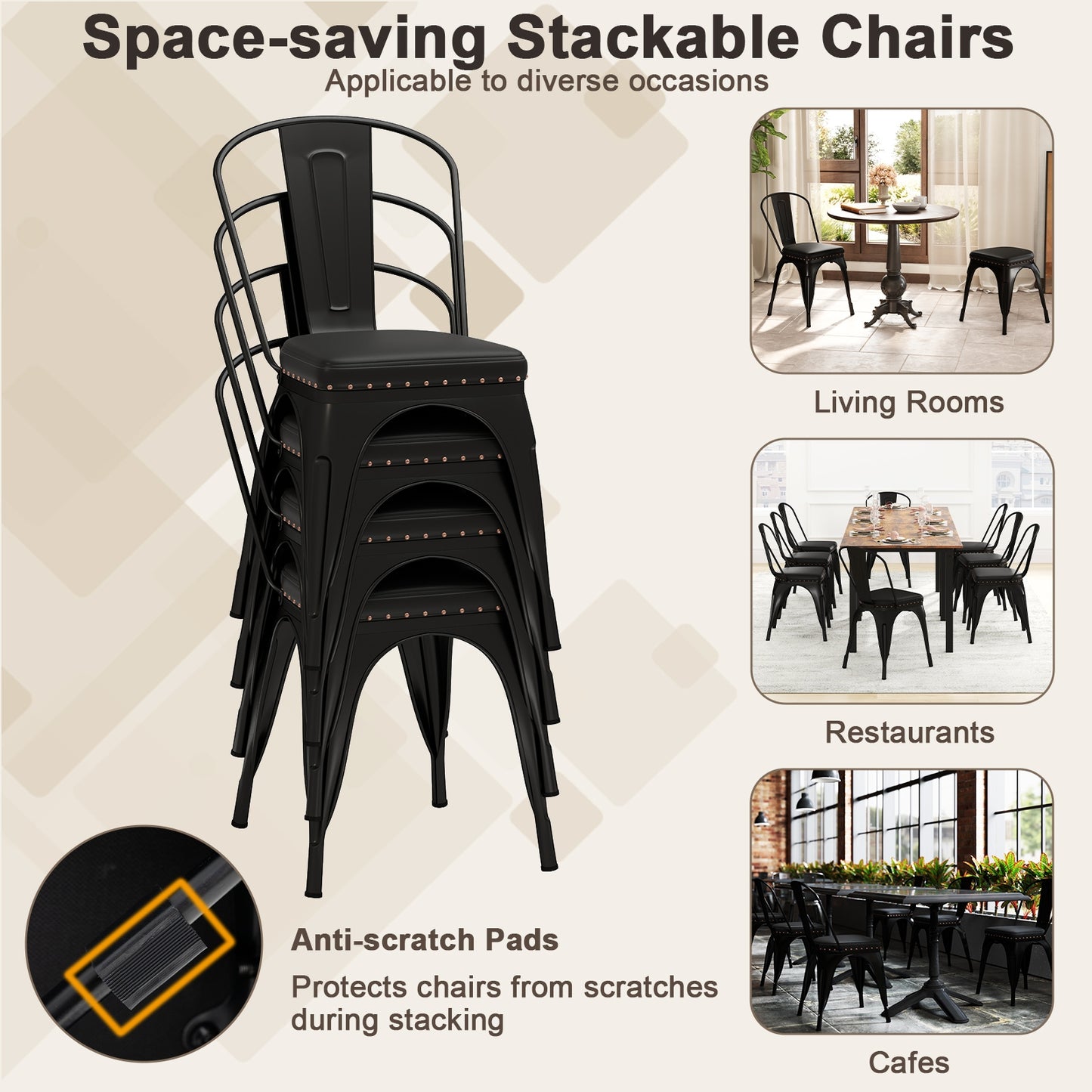 Stackable Metal Dining Chairs with Cushioned PU Leather Seats and Removable Backs Set of 4