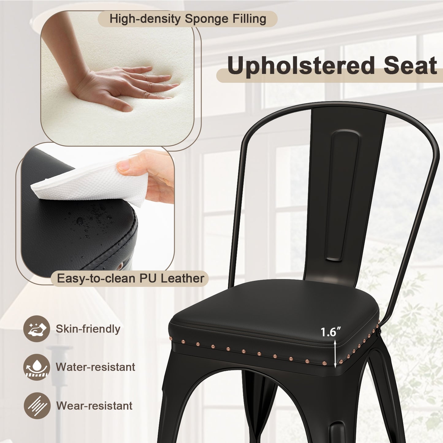 Stackable Metal Dining Chairs with Cushioned PU Leather Seats and Removable Backs Set of 4