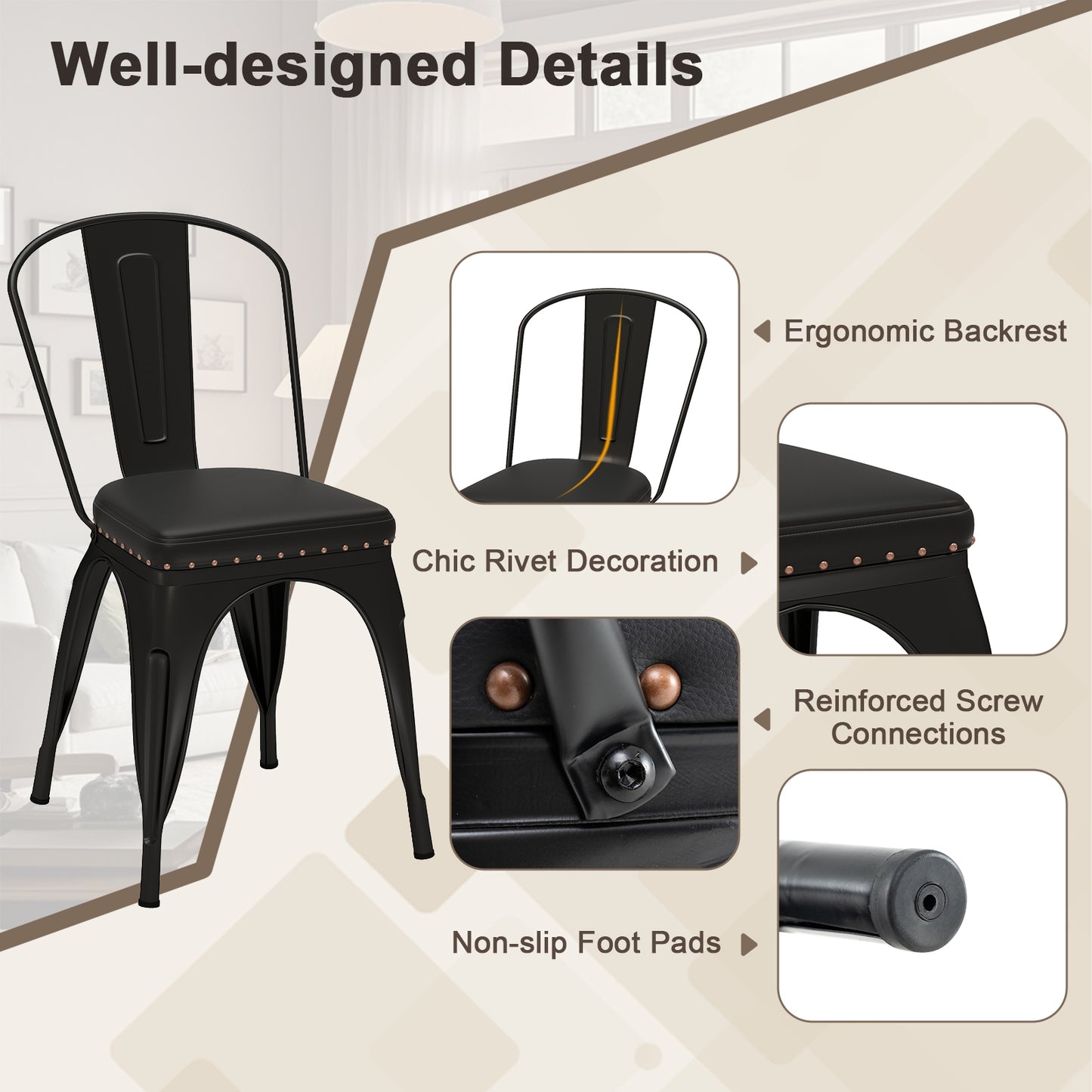 Stackable Metal Dining Chairs with Cushioned PU Leather Seats and Removable Backs Set of 4