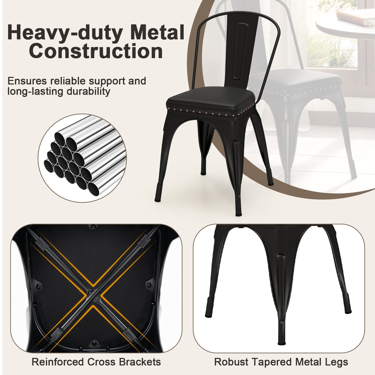 Stackable Metal Dining Chairs with Cushioned PU Leather Seats and Removable Backs Set of 4