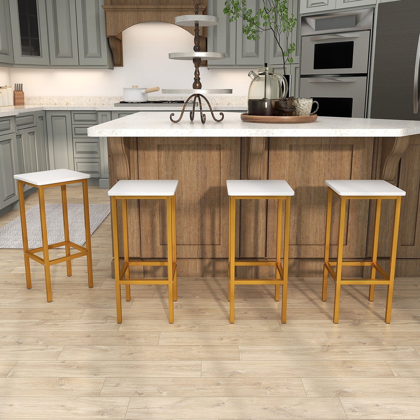 Bar Stool Set of 4 with Metal Legs, Footrest and 26 Inch Seat Height, White