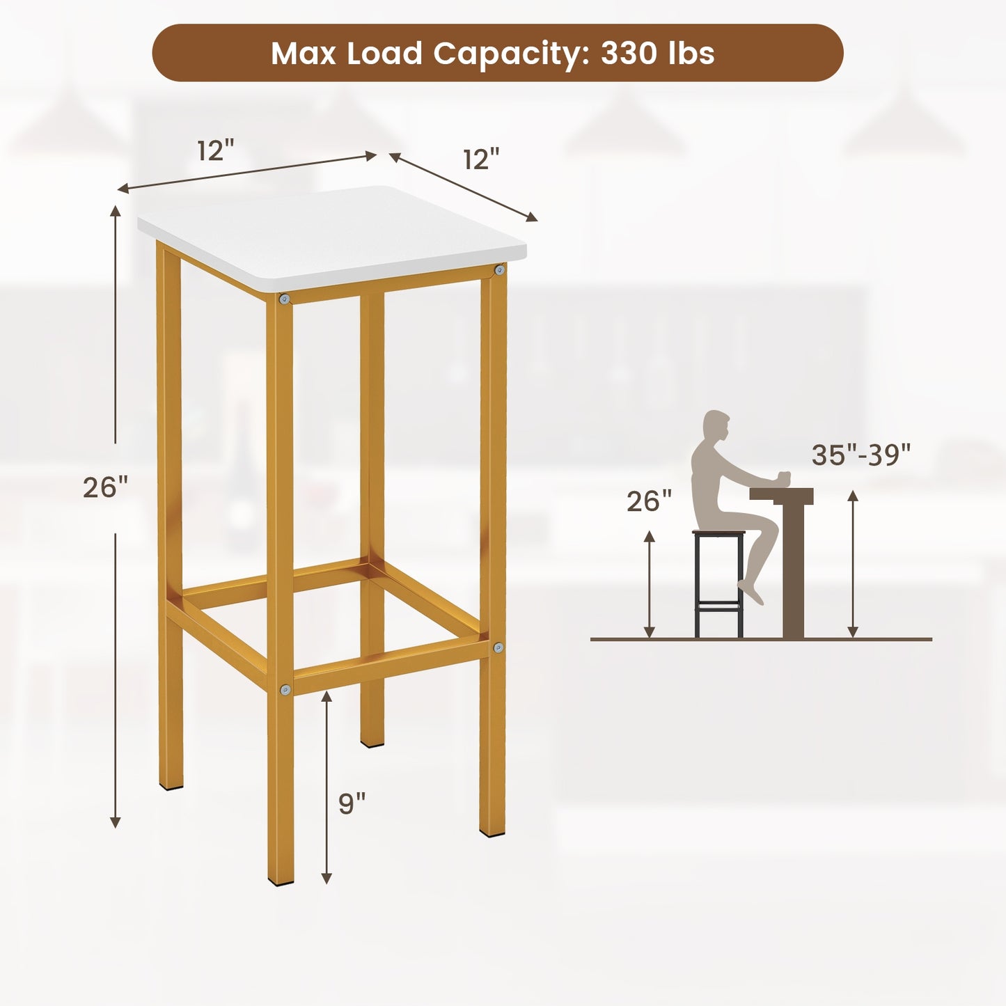Bar Stool Set of 4 with Metal Legs, Footrest and 26 Inch Seat Height, White