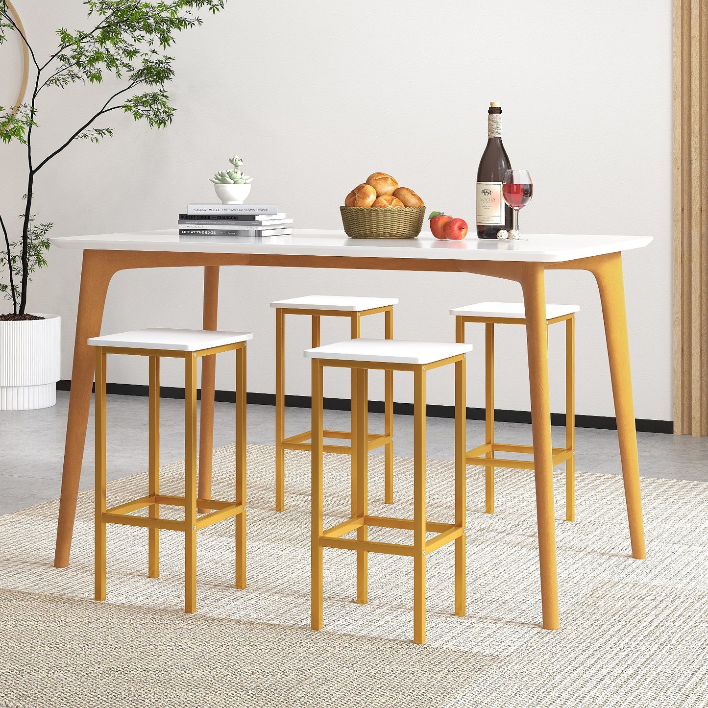 Bar Stool Set of 4 with Metal Legs, Footrest and 26 Inch Seat Height, White