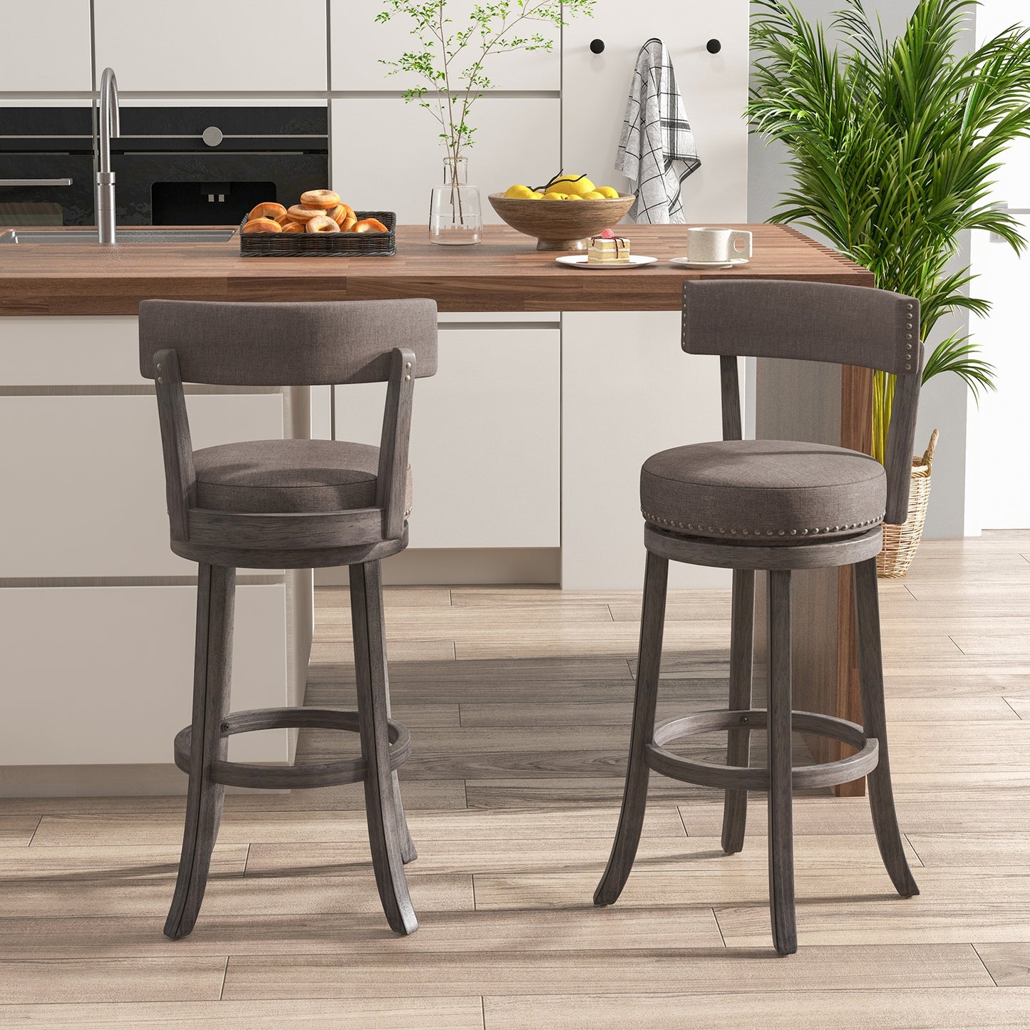 360° Swivel Counter Height Chairs Set of 2 with Rubber Wood Frame and Upholstered Seat – 31 Inch