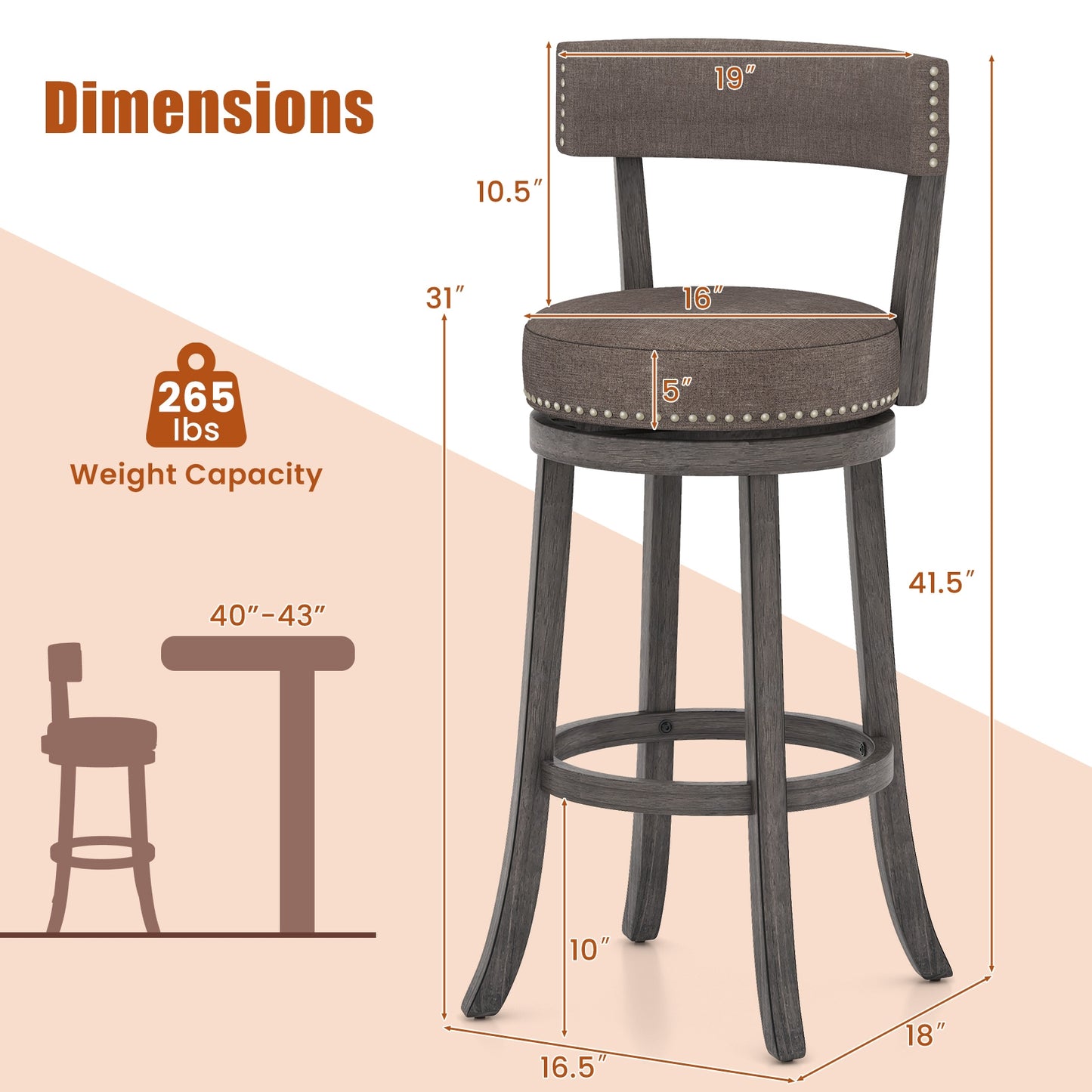 360° Swivel Counter Height Chairs Set of 2 with Rubber Wood Frame and Upholstered Seat – 31 Inch