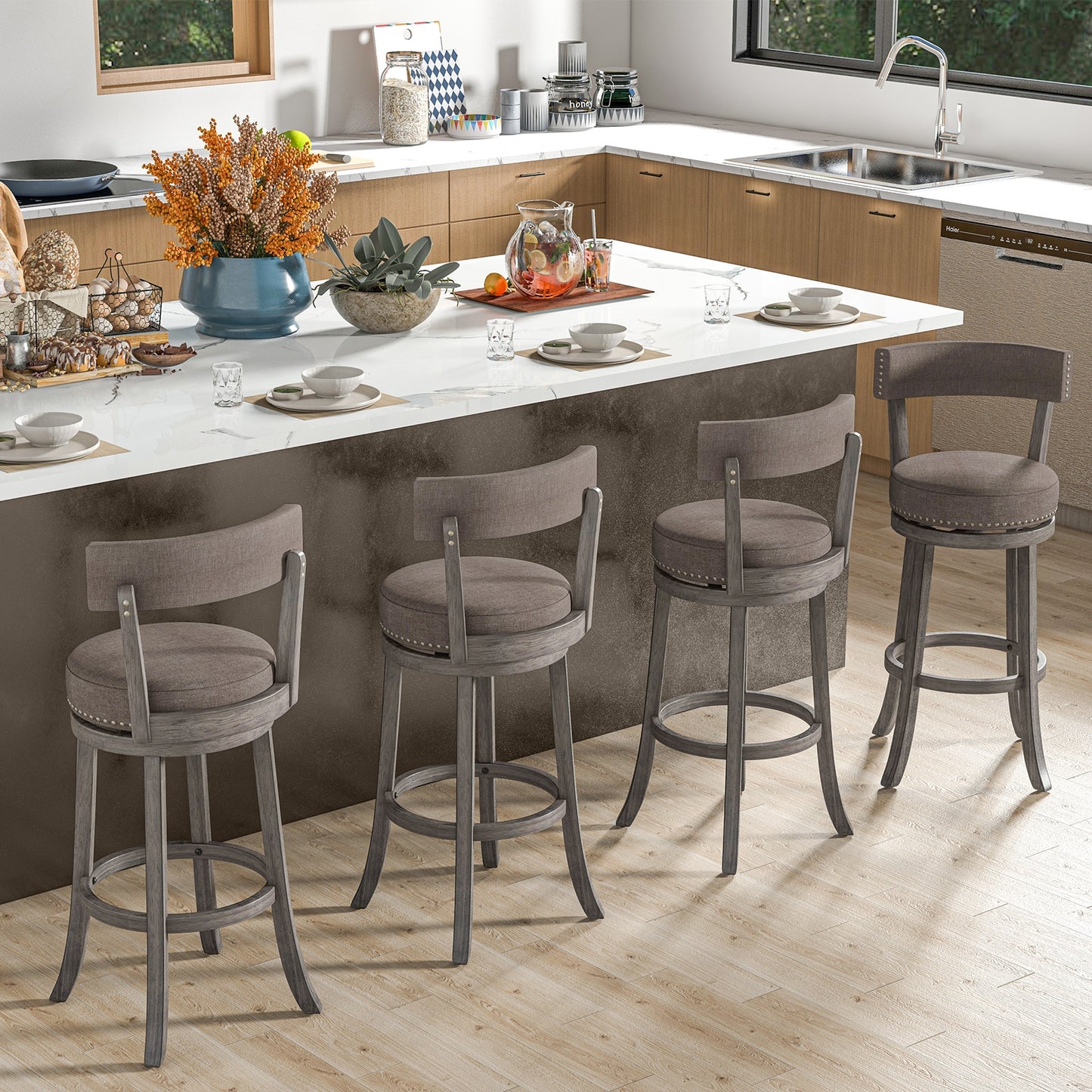360° Swivel Counter Height Chairs Set of 2 with Rubber Wood Frame and Upholstered Seat – 31 Inch