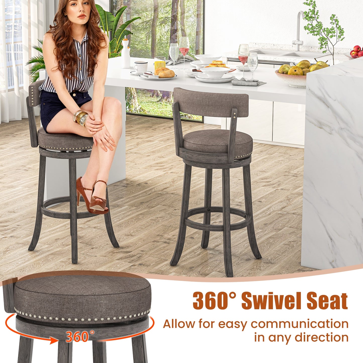 360° Swivel Counter Height Chairs Set of 2 with Rubber Wood Frame and Upholstered Seat – 31 Inch