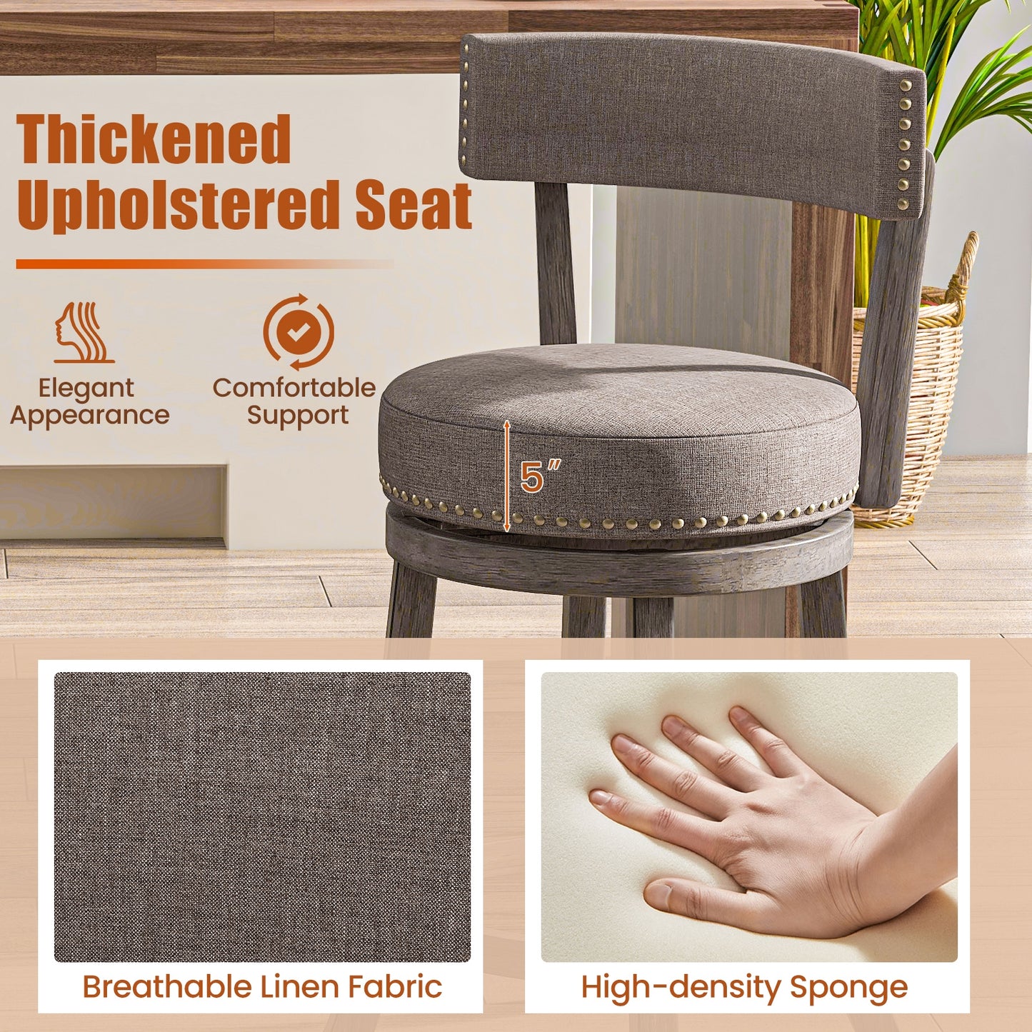 360° Swivel Counter Height Chairs Set of 2 with Rubber Wood Frame and Upholstered Seat – 31 Inch