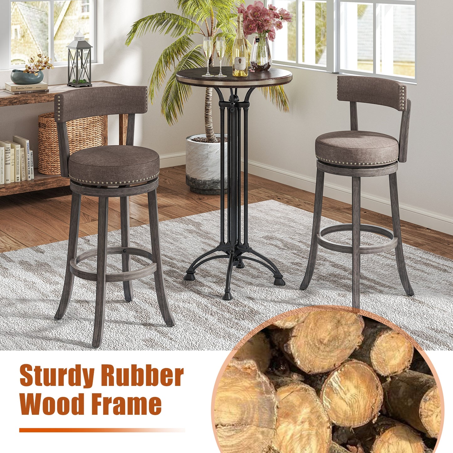 360° Swivel Counter Height Chairs Set of 2 with Rubber Wood Frame and Upholstered Seat – 31 Inch