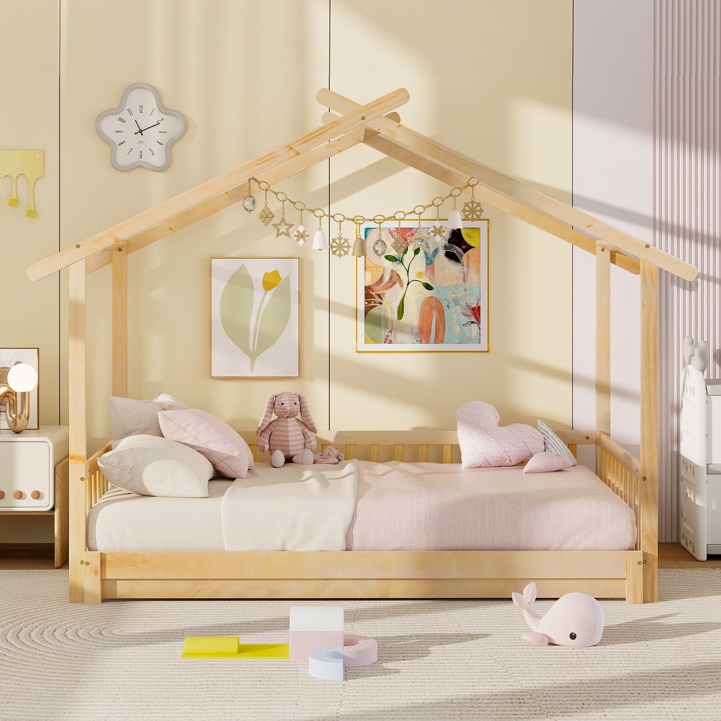 Convertible House-Shaped Twin to King Daybed with Roof and Safety Rails – Natural