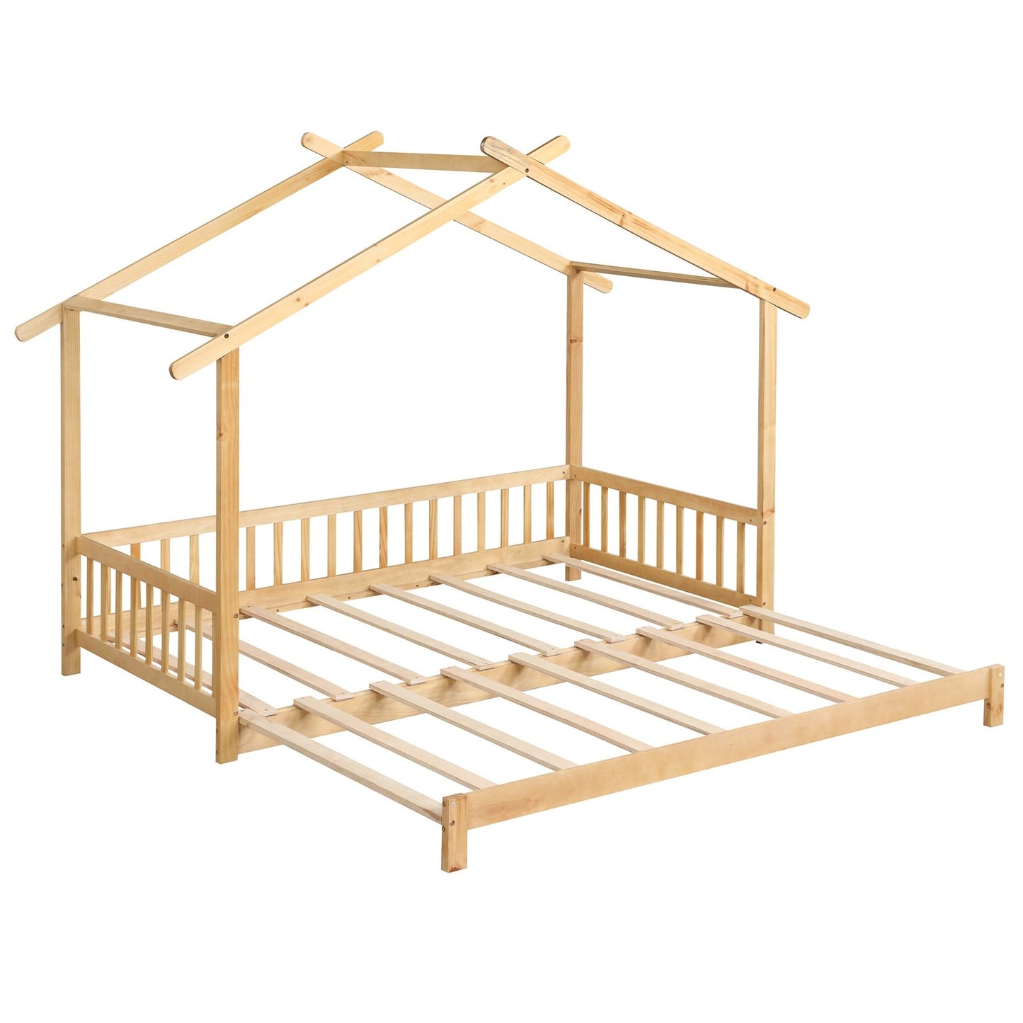 Convertible House-Shaped Twin to King Daybed with Roof and Safety Rails – Natural