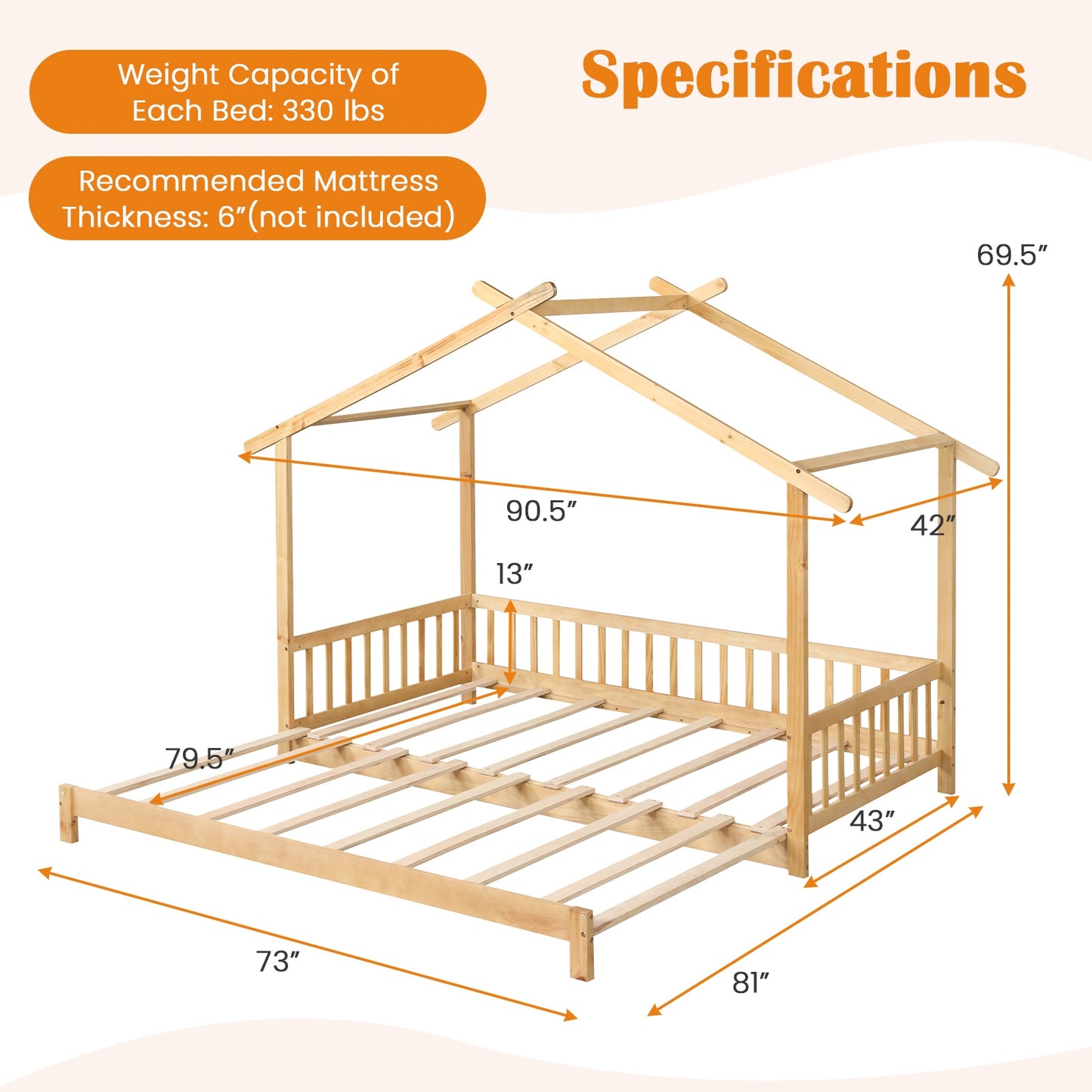 Convertible House-Shaped Twin to King Daybed with Roof and Safety Rails – Natural