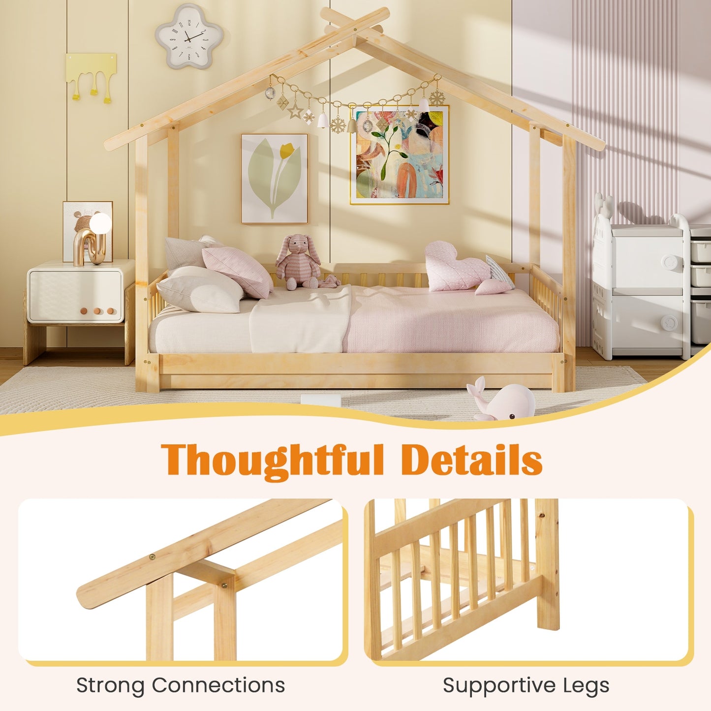 Convertible House-Shaped Twin to King Daybed with Roof and Safety Rails – Natural