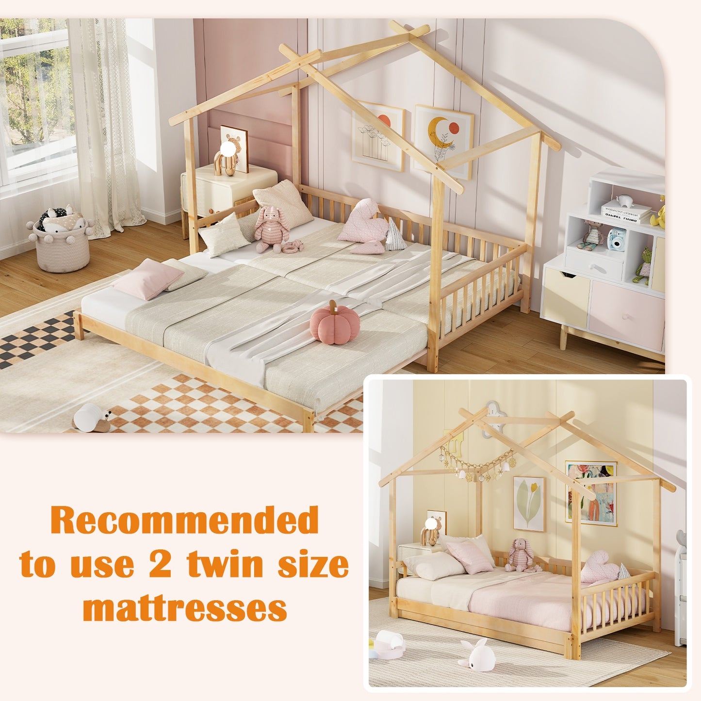 Convertible House-Shaped Twin to King Daybed with Roof and Safety Rails – Natural