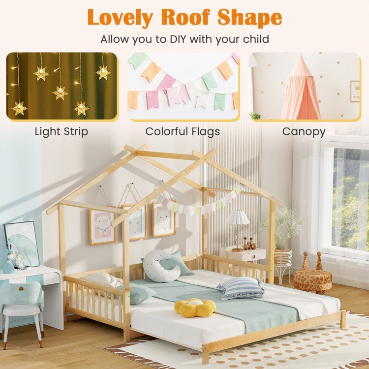 Convertible House-Shaped Twin to King Daybed with Roof and Safety Rails – Natural