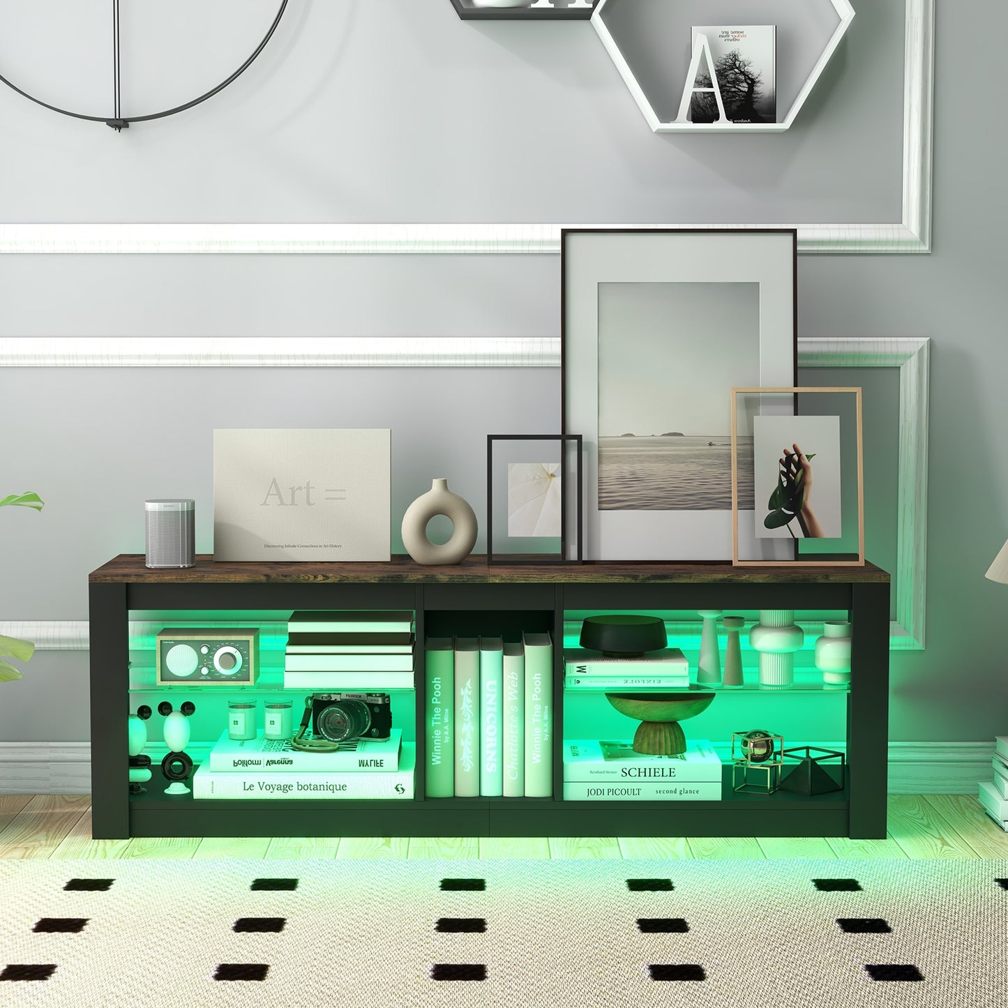 TV Stand with Remote-Controlled LED Lights and Tempered Glass Shelves for 65 Inch TVs