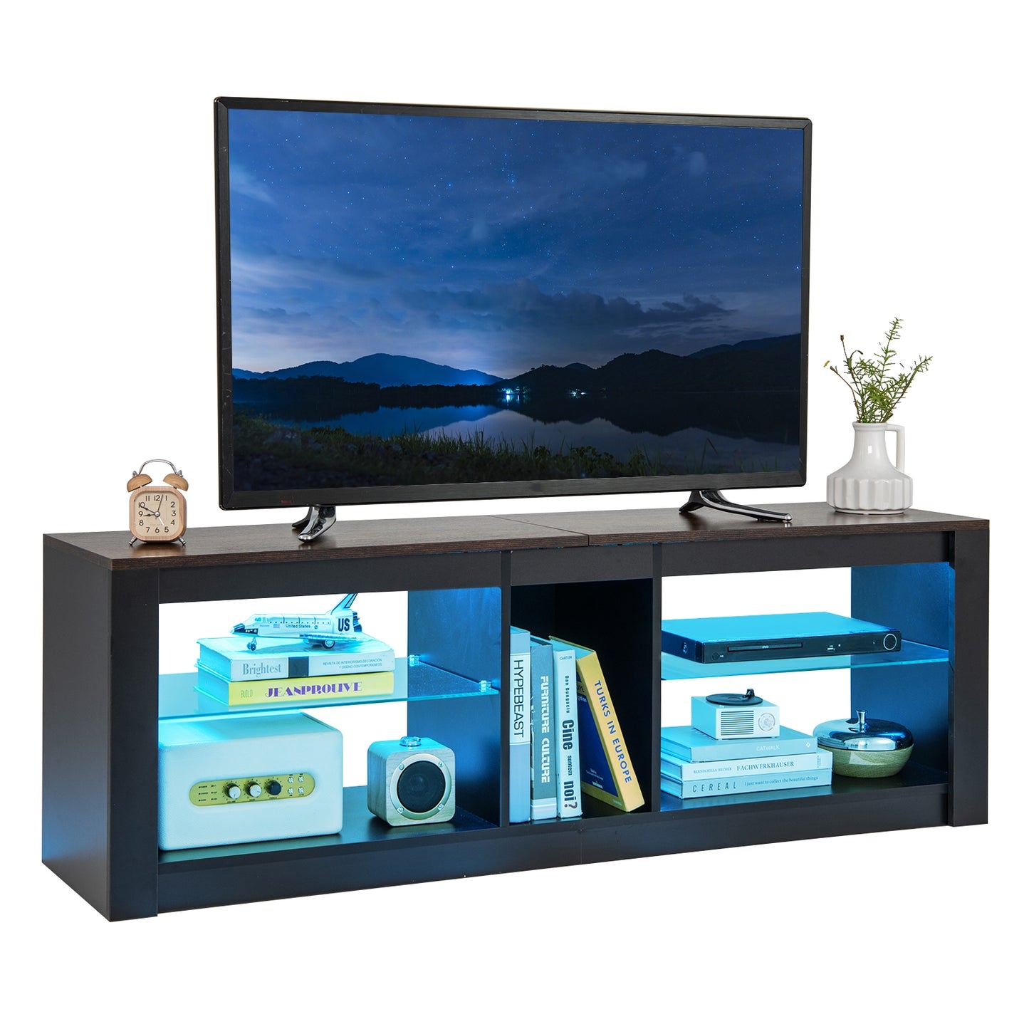 TV Stand with Remote-Controlled LED Lights and Tempered Glass Shelves for 65 Inch TVs