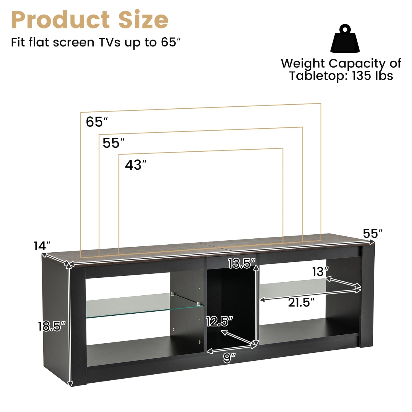 TV Stand with Remote-Controlled LED Lights and Tempered Glass Shelves for 65 Inch TVs