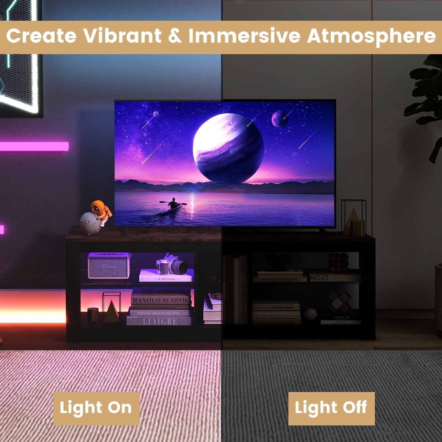 TV Stand with Remote-Controlled LED Lights and Tempered Glass Shelves for 65 Inch TVs