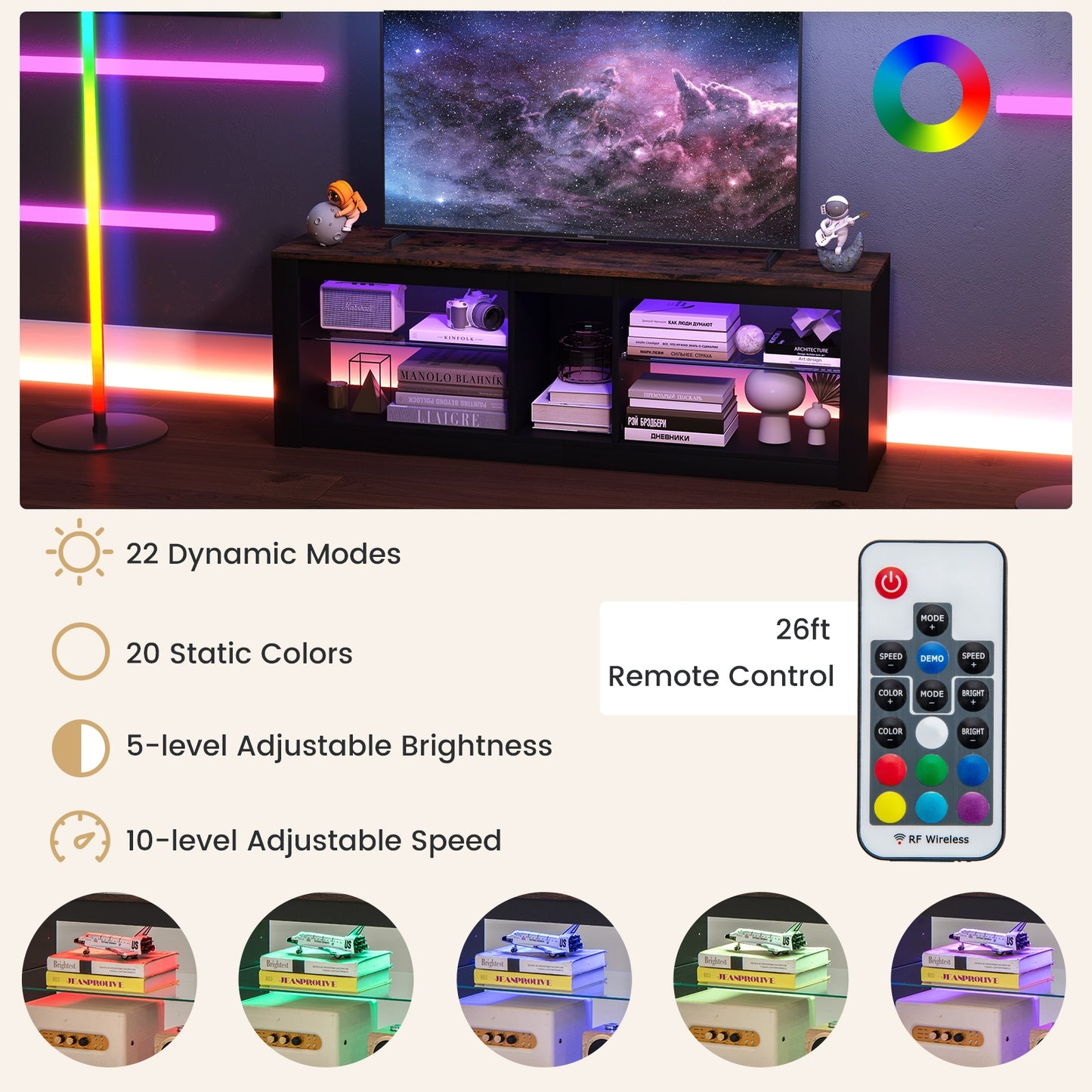 TV Stand with Remote-Controlled LED Lights and Tempered Glass Shelves for 65 Inch TVs