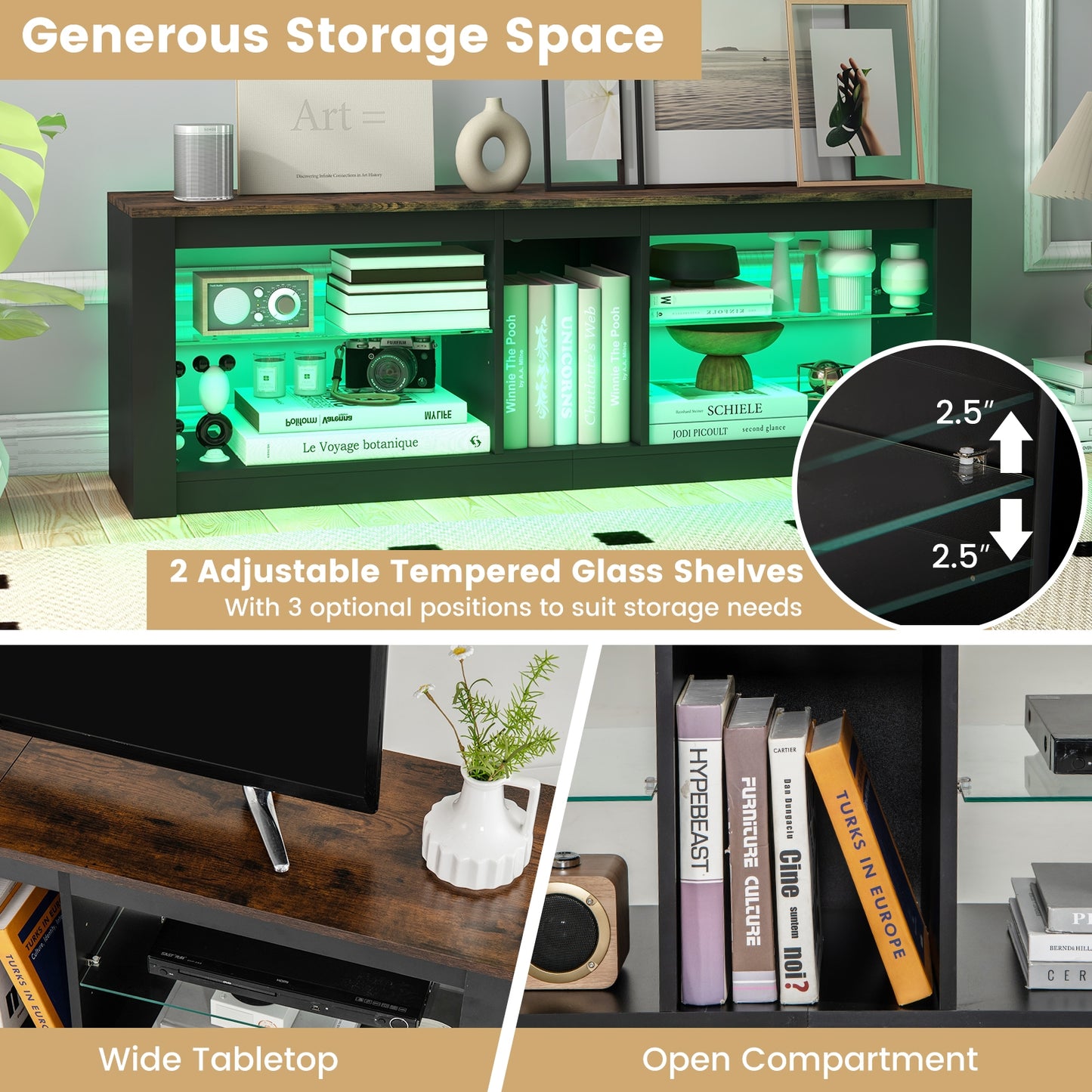 TV Stand with Remote-Controlled LED Lights and Tempered Glass Shelves for 65 Inch TVs