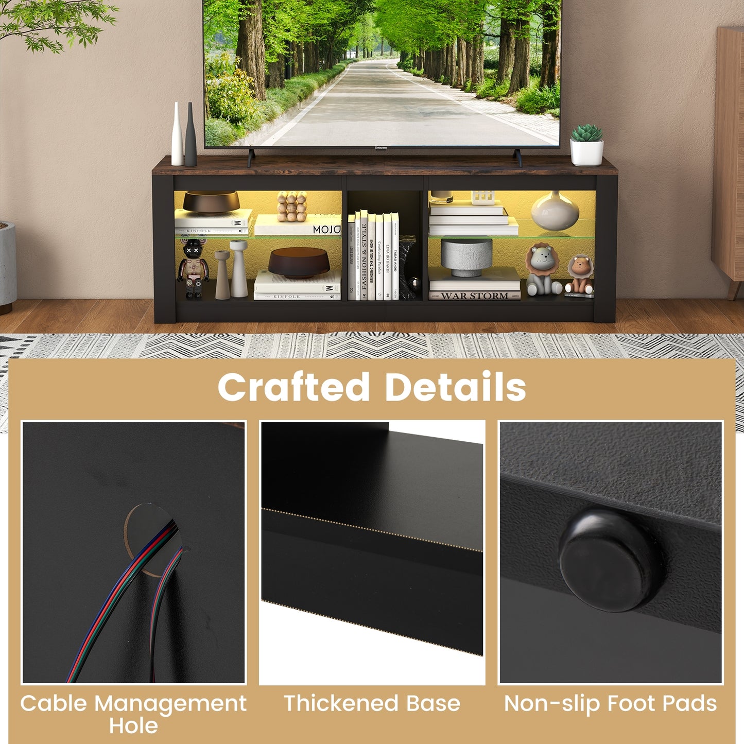 TV Stand with Remote-Controlled LED Lights and Tempered Glass Shelves for 65 Inch TVs
