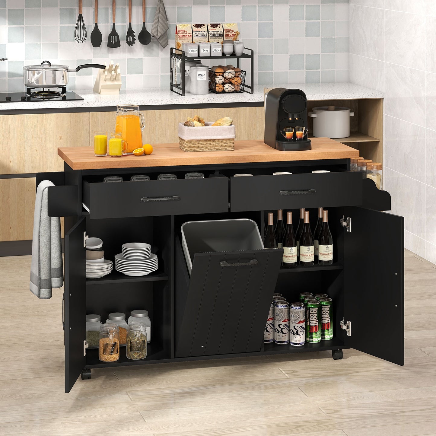 Rolling Kitchen Island Cart with Trash Cabinet Storage Drawers Adjustable Shelves and Spice Rack - Black