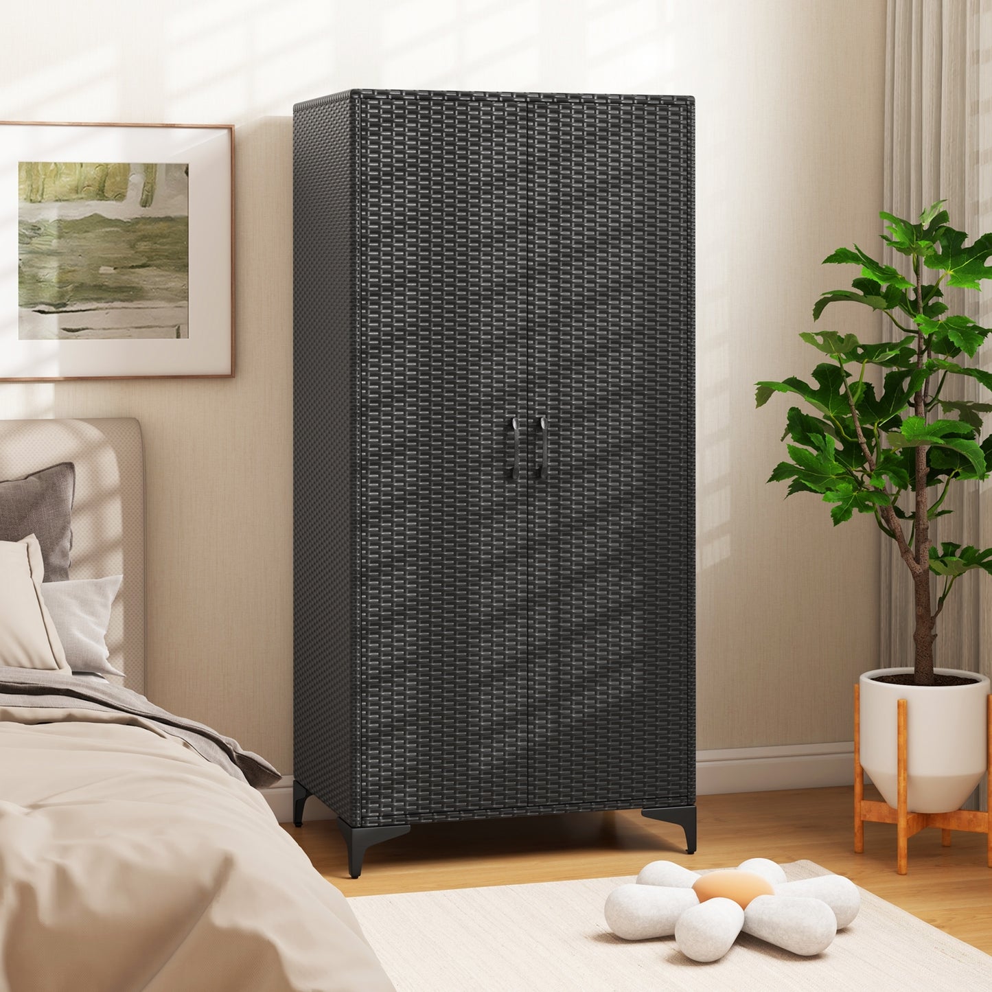 62 Inch PE Rattan Wicker Wardrobe with 2 Doors, Hanging Rod, and Storage Cubes – Black