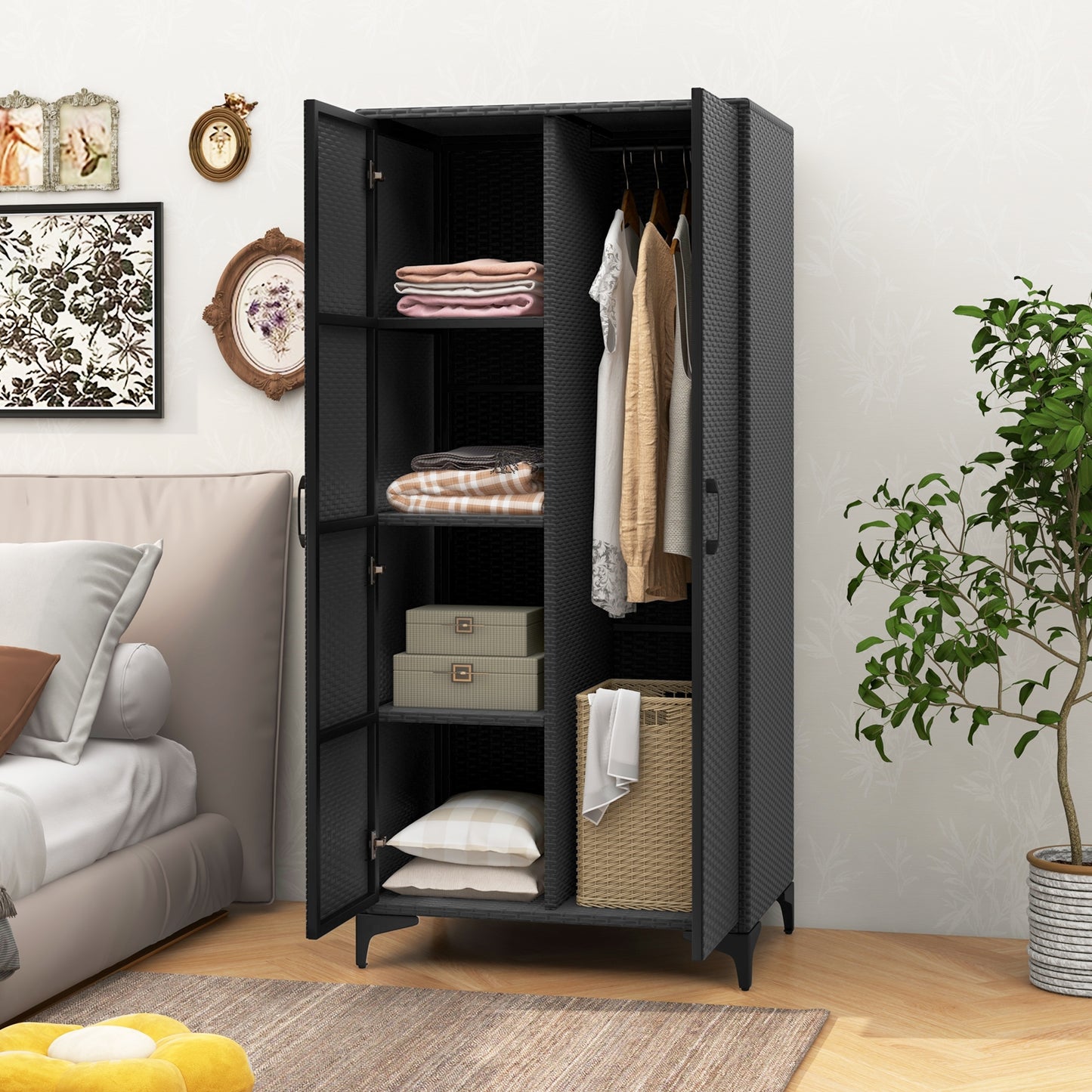 62 Inch PE Rattan Wicker Wardrobe with 2 Doors, Hanging Rod, and Storage Cubes – Black