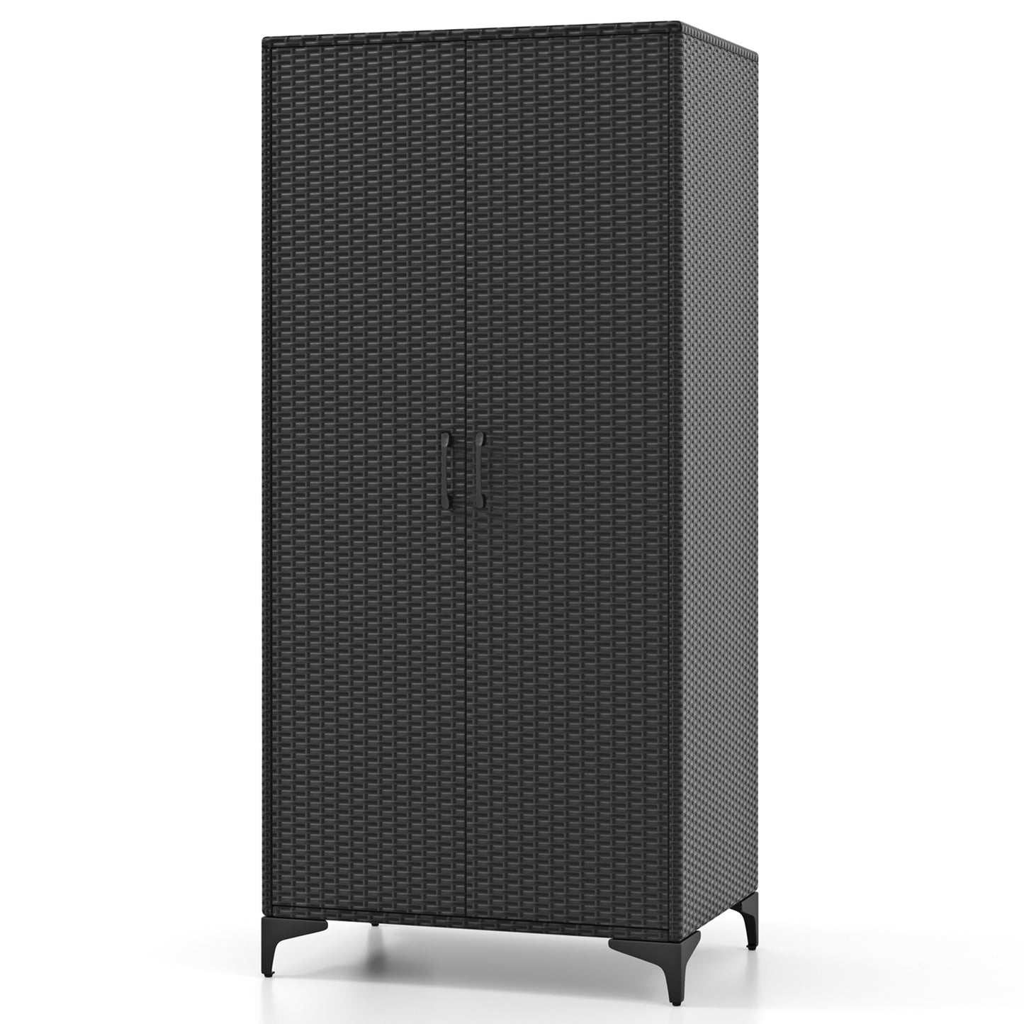 62 Inch PE Rattan Wicker Wardrobe with 2 Doors, Hanging Rod, and Storage Cubes – Black