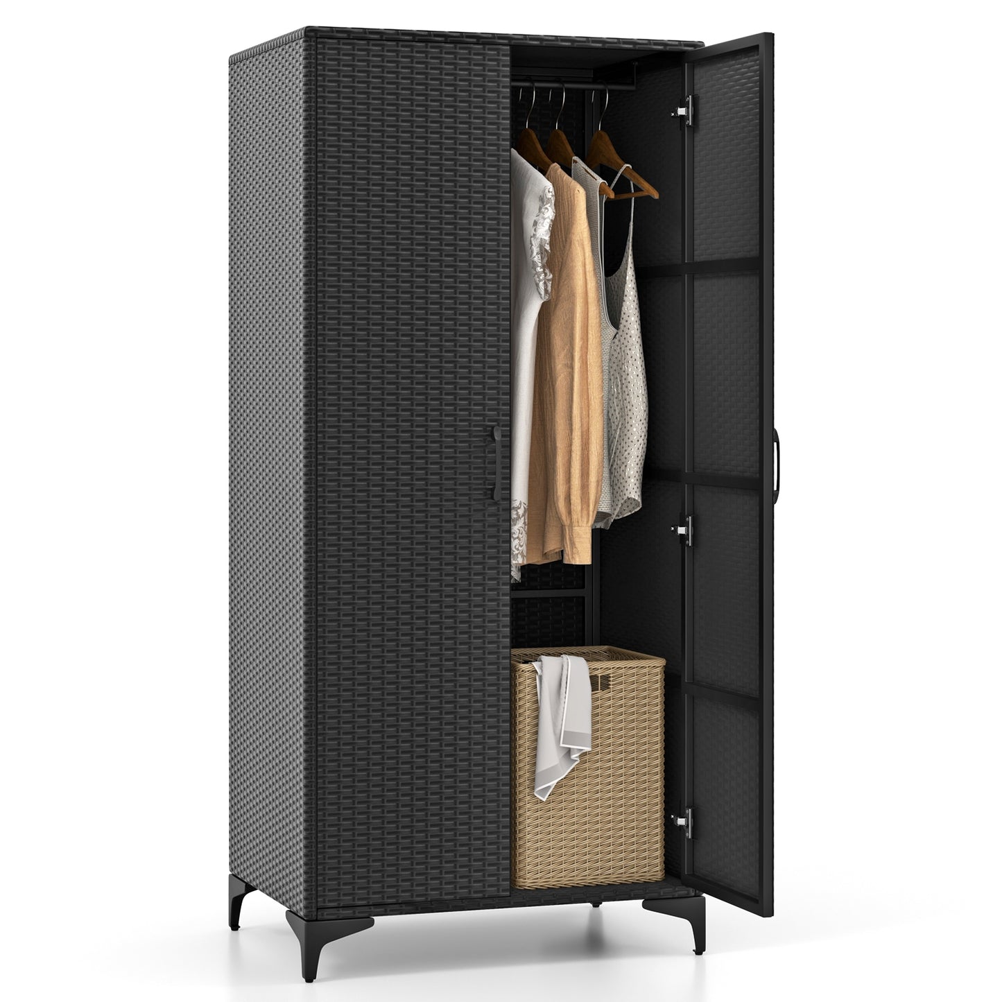 62 Inch PE Rattan Wicker Wardrobe with 2 Doors, Hanging Rod, and Storage Cubes – Black