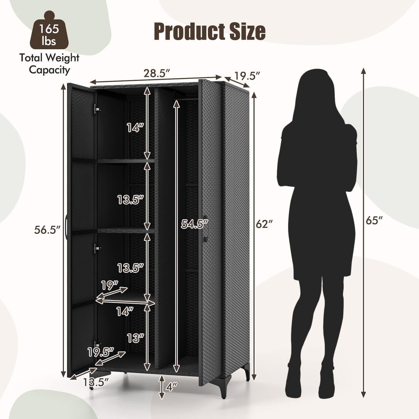 62 Inch PE Rattan Wicker Wardrobe with 2 Doors, Hanging Rod, and Storage Cubes – Black