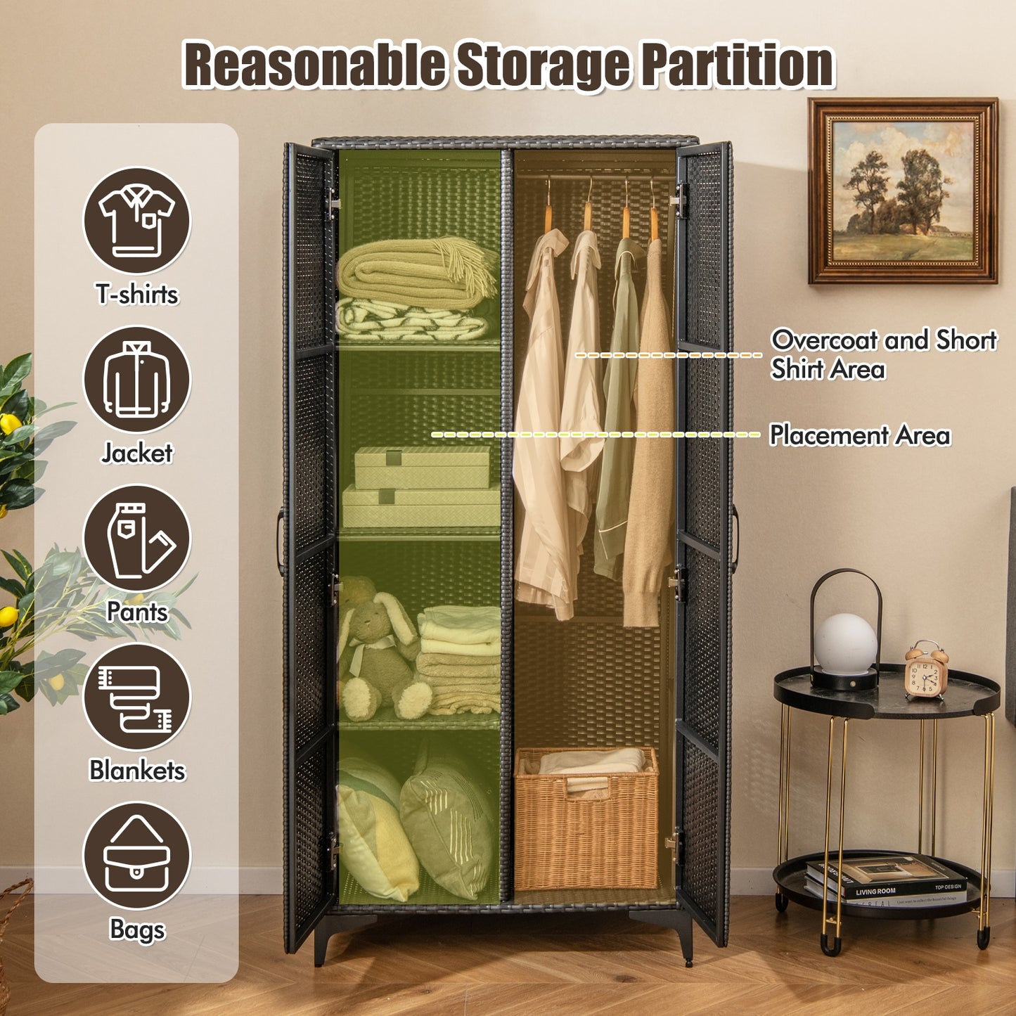 62 Inch PE Rattan Wicker Wardrobe with 2 Doors, Hanging Rod, and Storage Cubes – Black