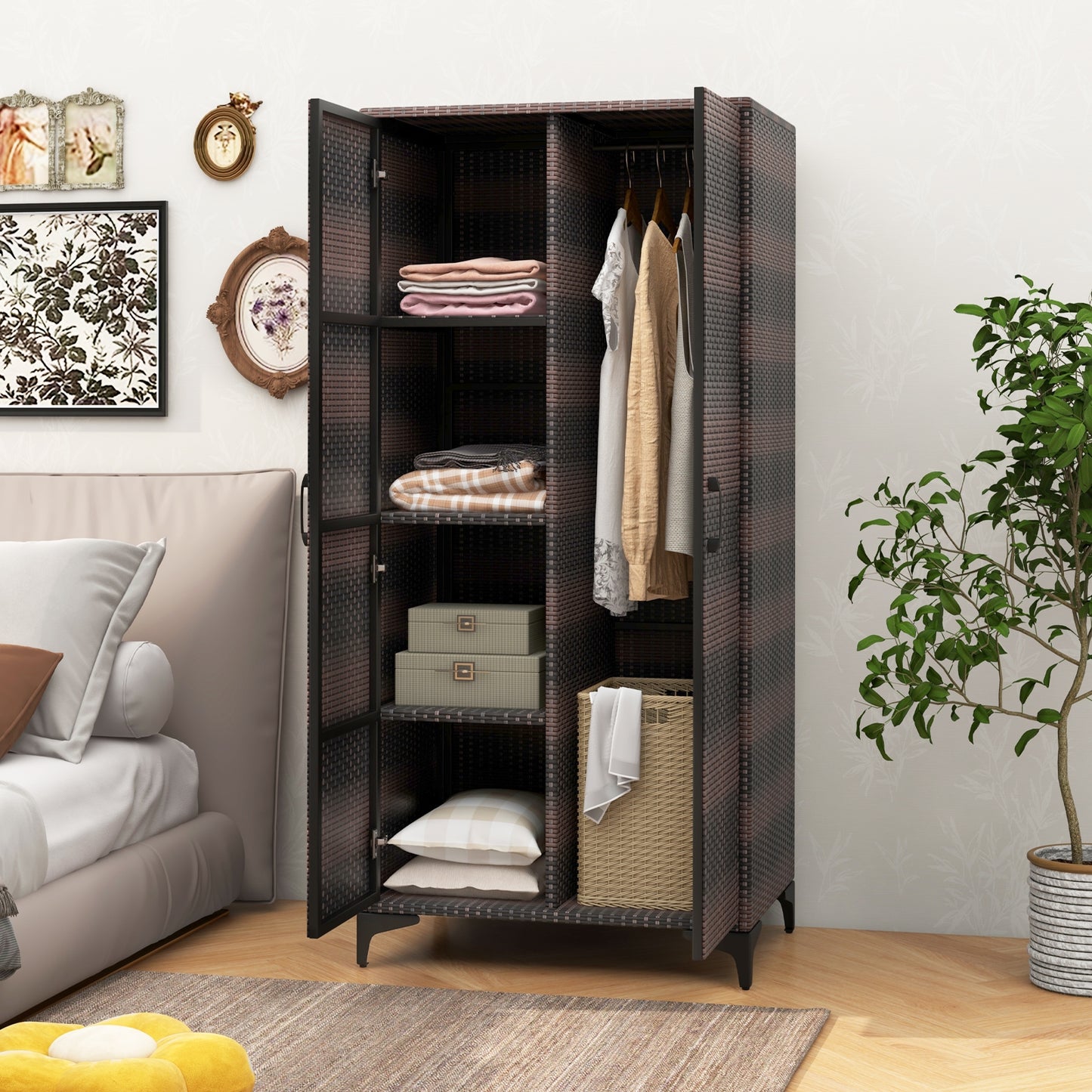 62 Inch PE Rattan Wicker Wardrobe with 2 Doors, Hanging Rod, and Storage Cubes – Brown