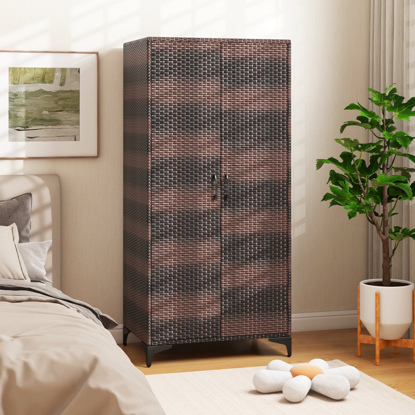 62 Inch PE Rattan Wicker Wardrobe with 2 Doors, Hanging Rod, and Storage Cubes – Brown