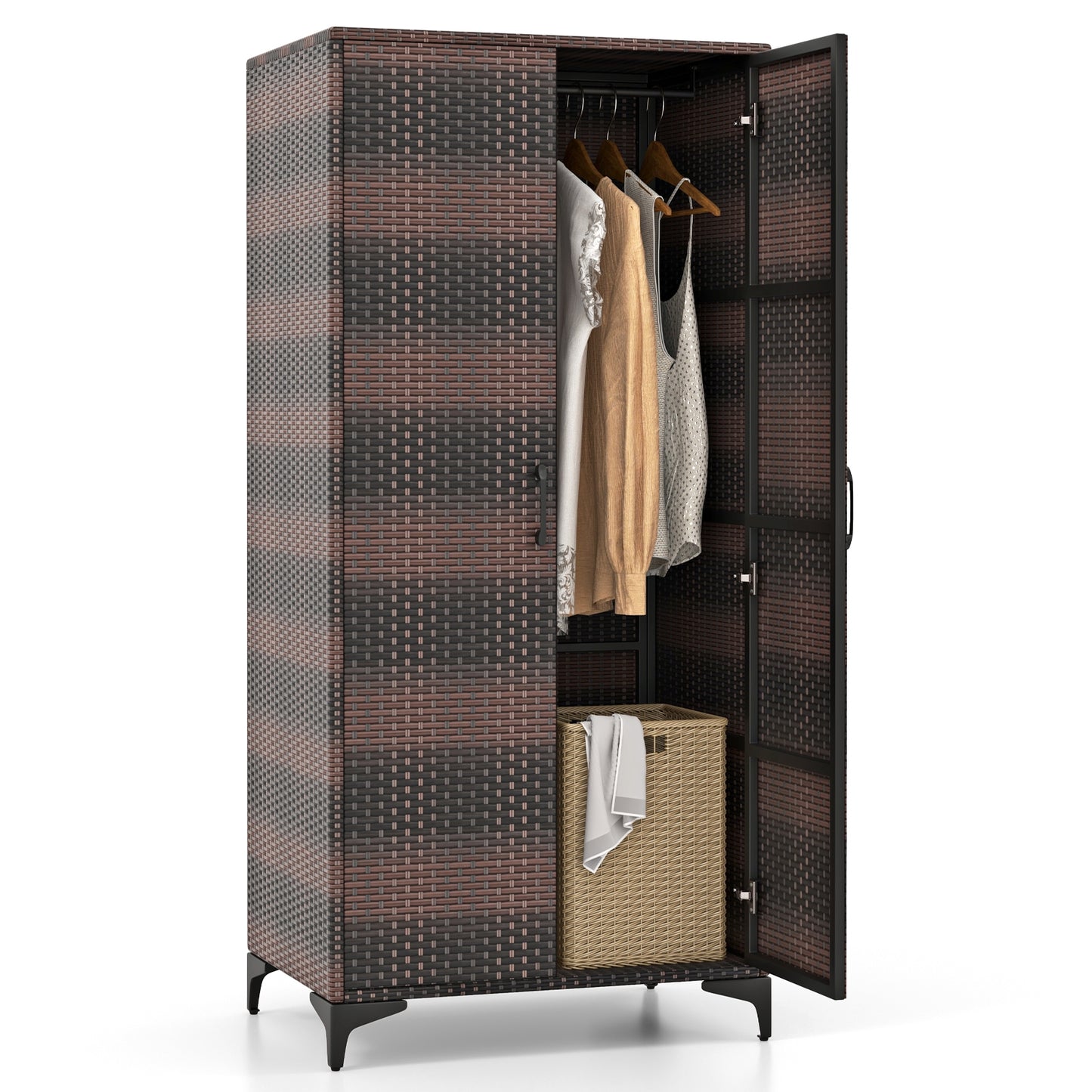 62 Inch PE Rattan Wicker Wardrobe with 2 Doors, Hanging Rod, and Storage Cubes – Brown