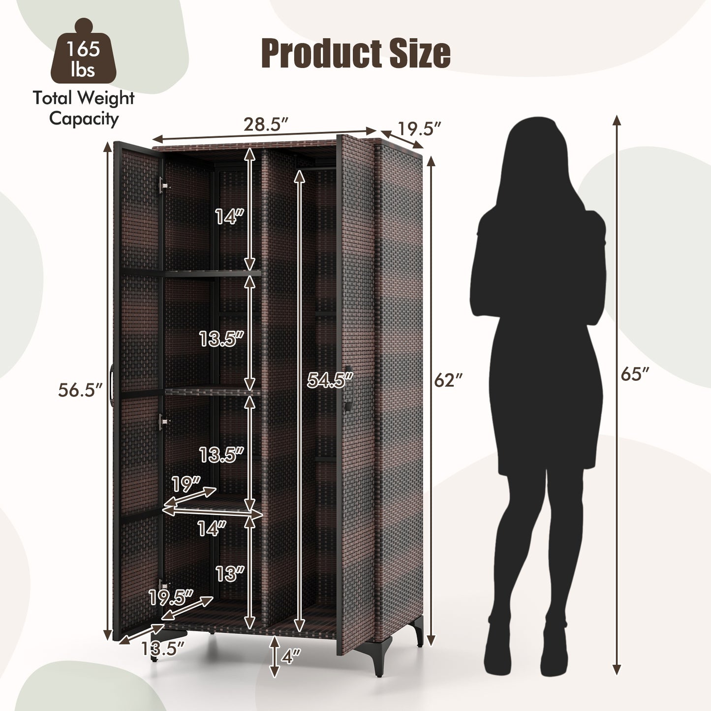 62 Inch PE Rattan Wicker Wardrobe with 2 Doors, Hanging Rod, and Storage Cubes – Brown