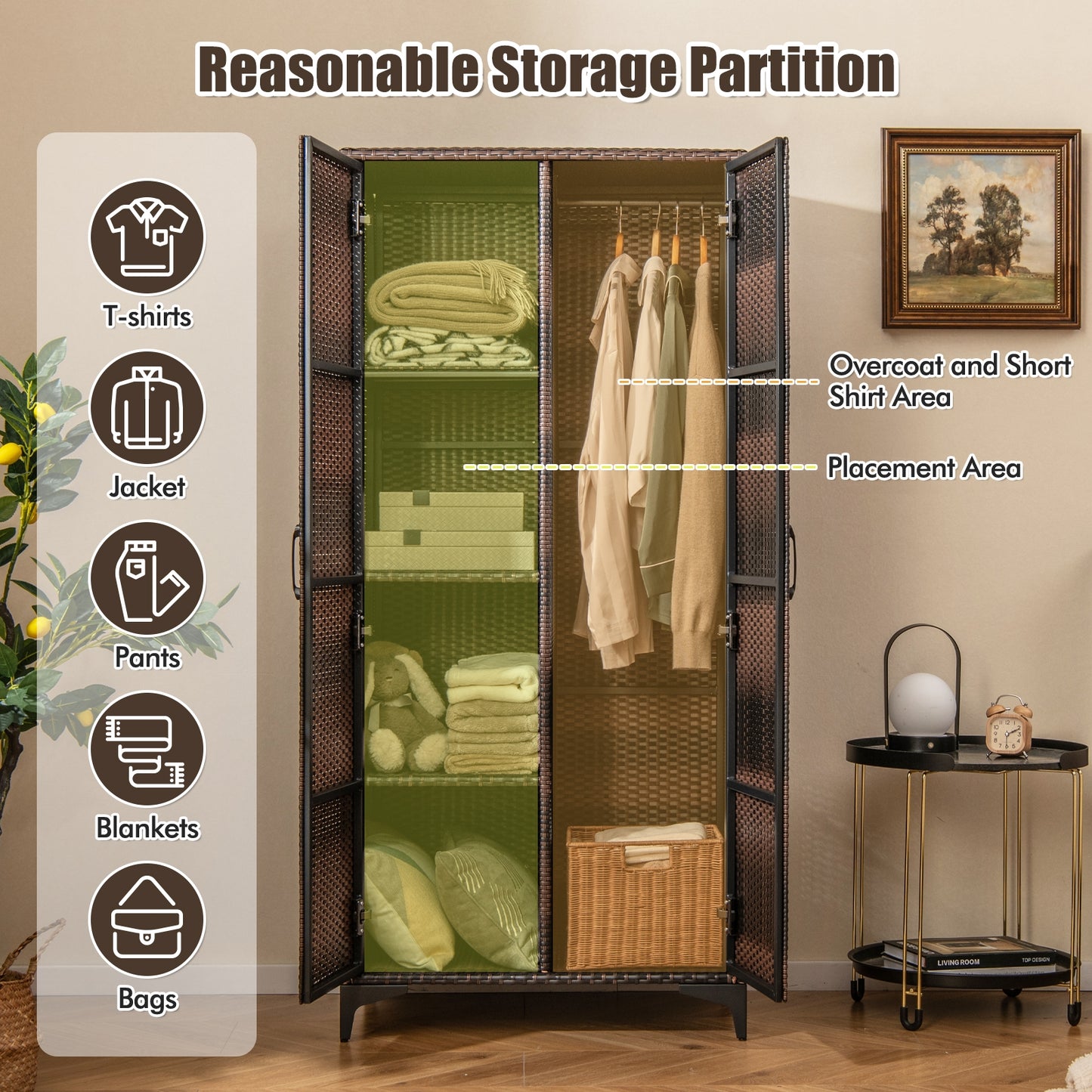 62 Inch PE Rattan Wicker Wardrobe with 2 Doors, Hanging Rod, and Storage Cubes – Brown