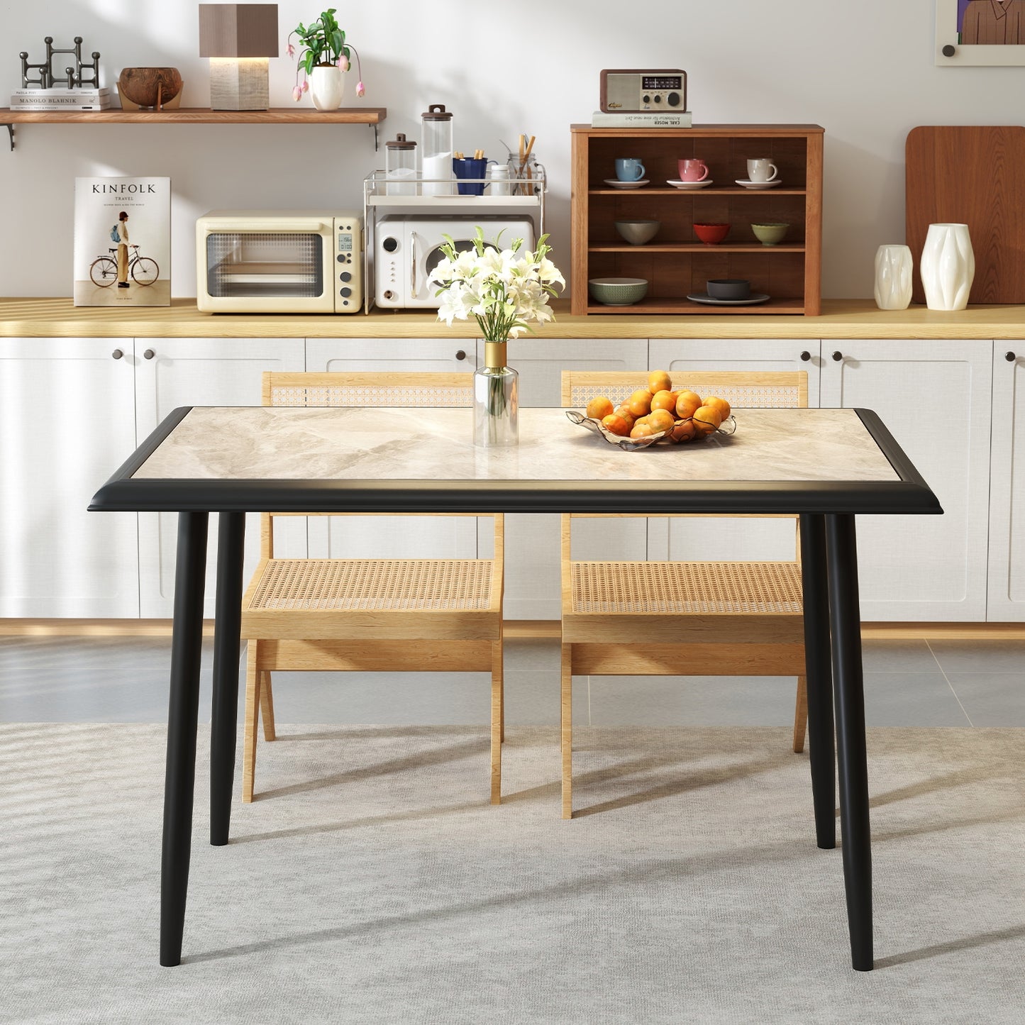 44 Inch Rectangular Dining Table with Faux Marble Top and Metal Frame