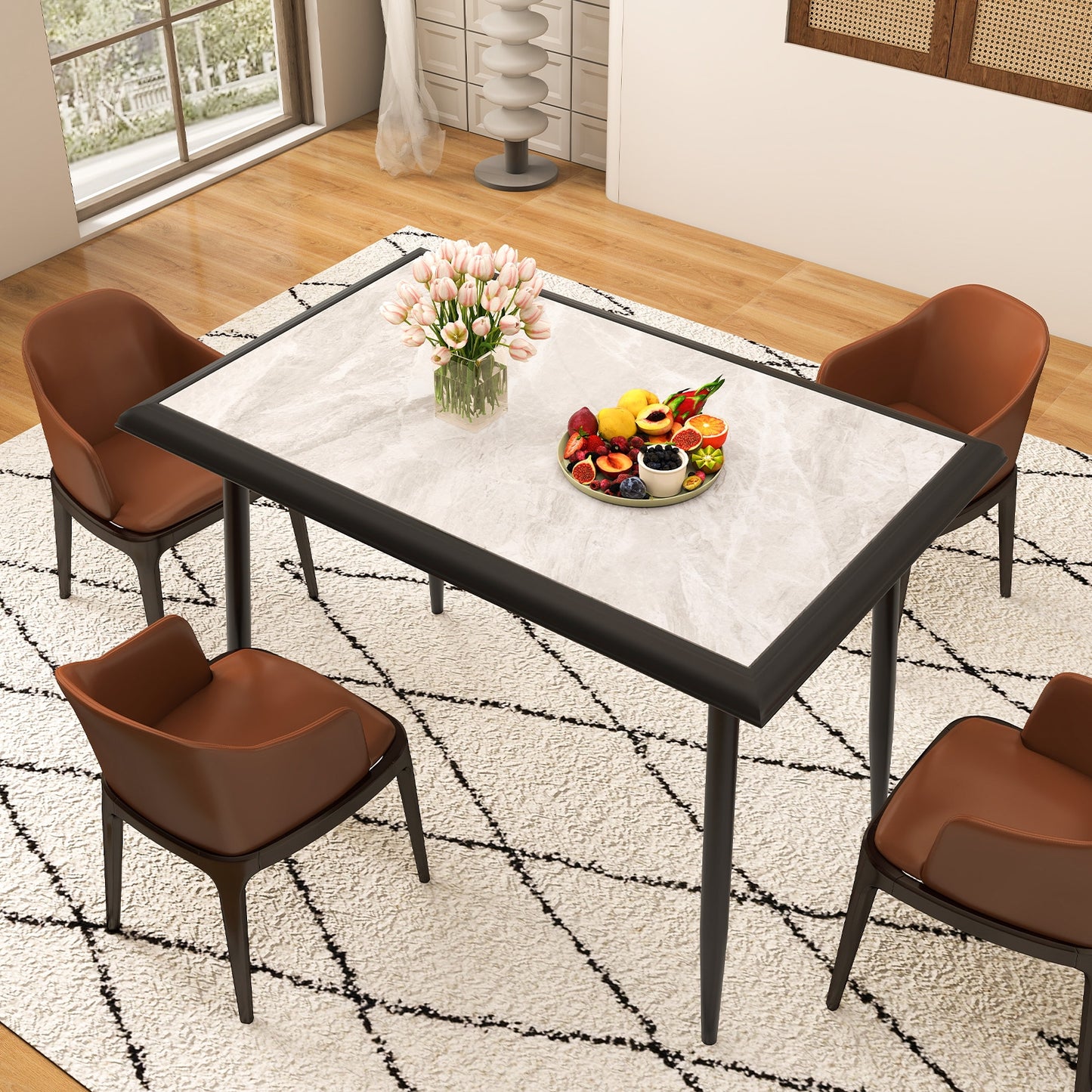 44 Inch Rectangular Dining Table with Faux Marble Top and Metal Frame