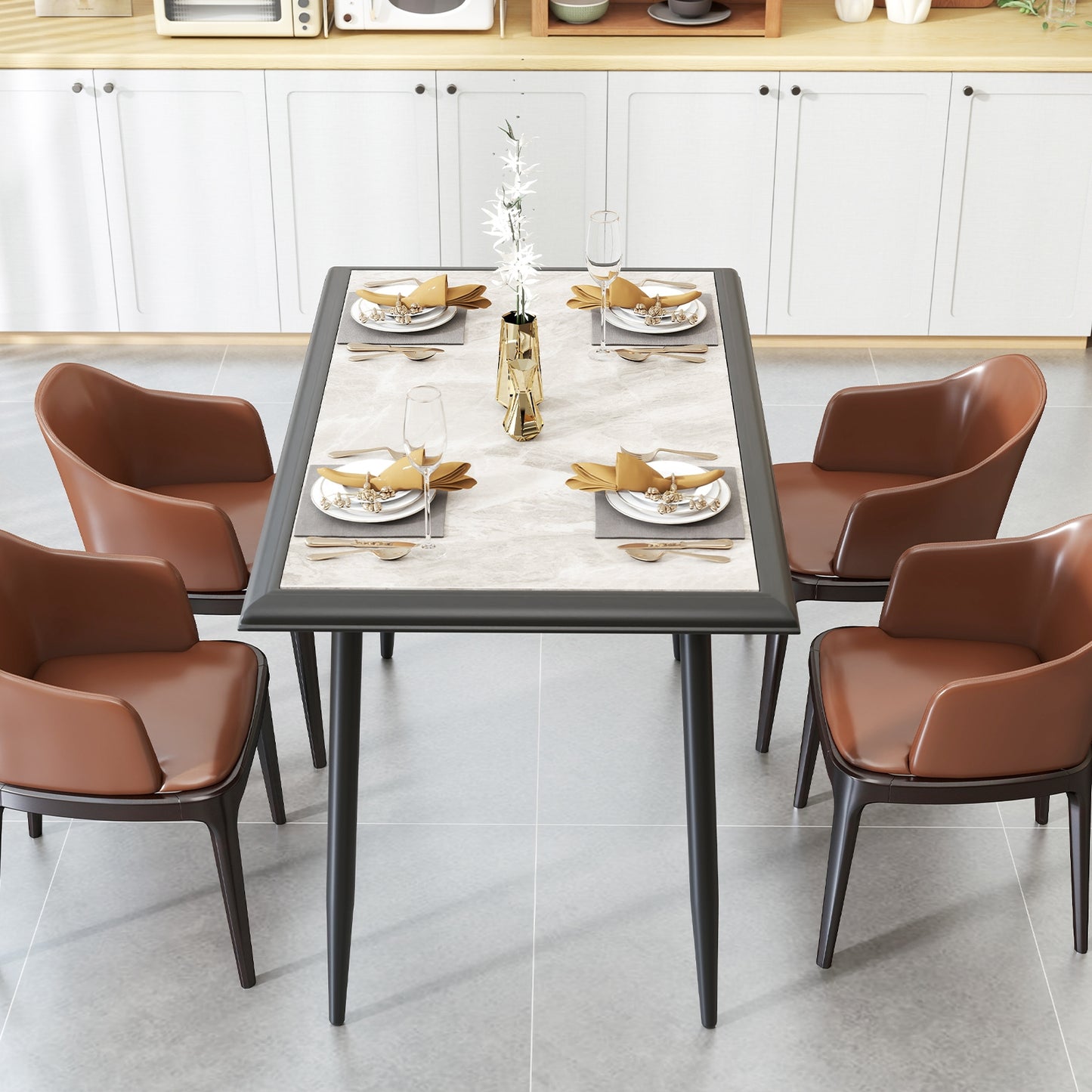 44 Inch Rectangular Dining Table with Faux Marble Top and Metal Frame